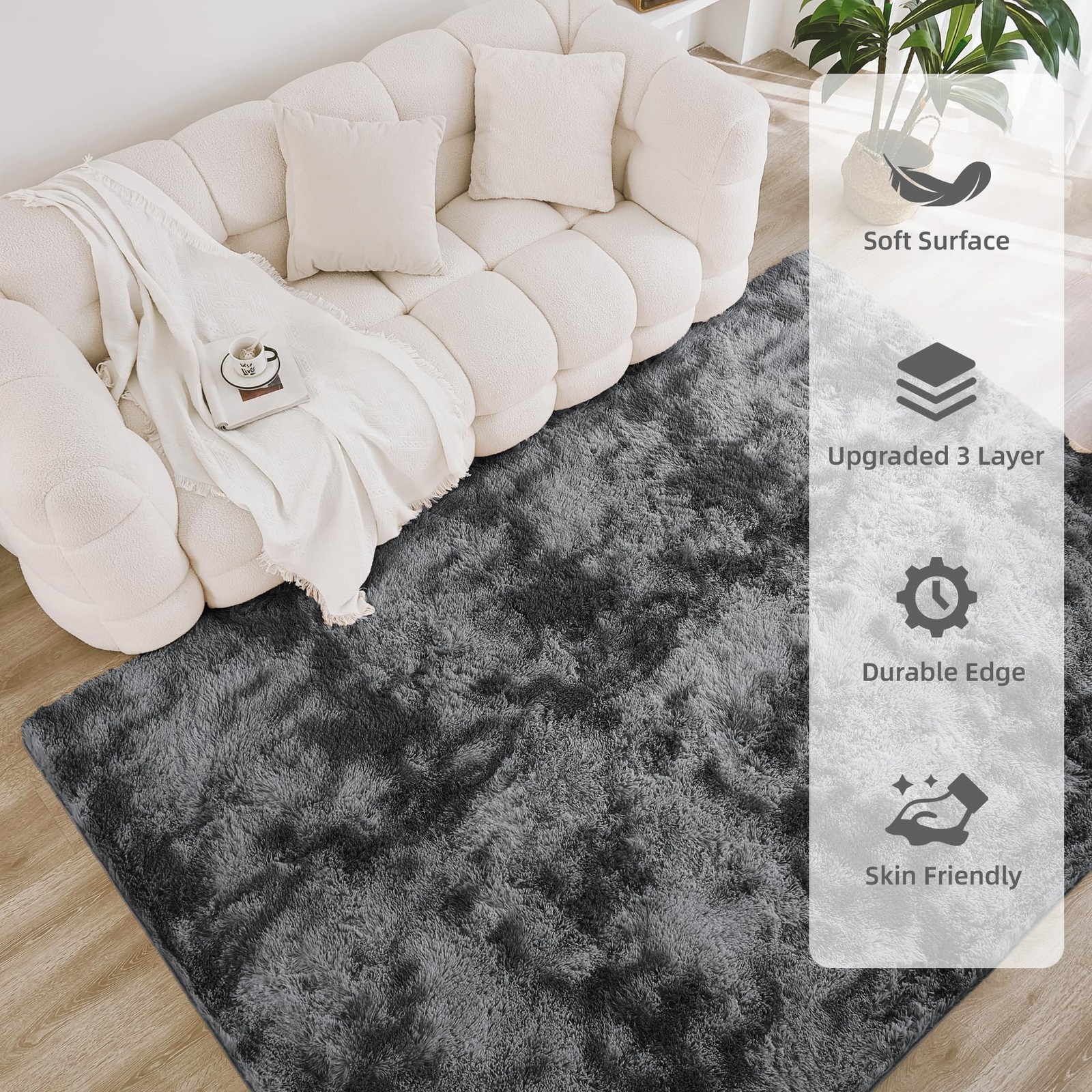 Litanika 9X12 Shag Area Rug For Living Room Bedroom Tie-Dyed Dark Grey High