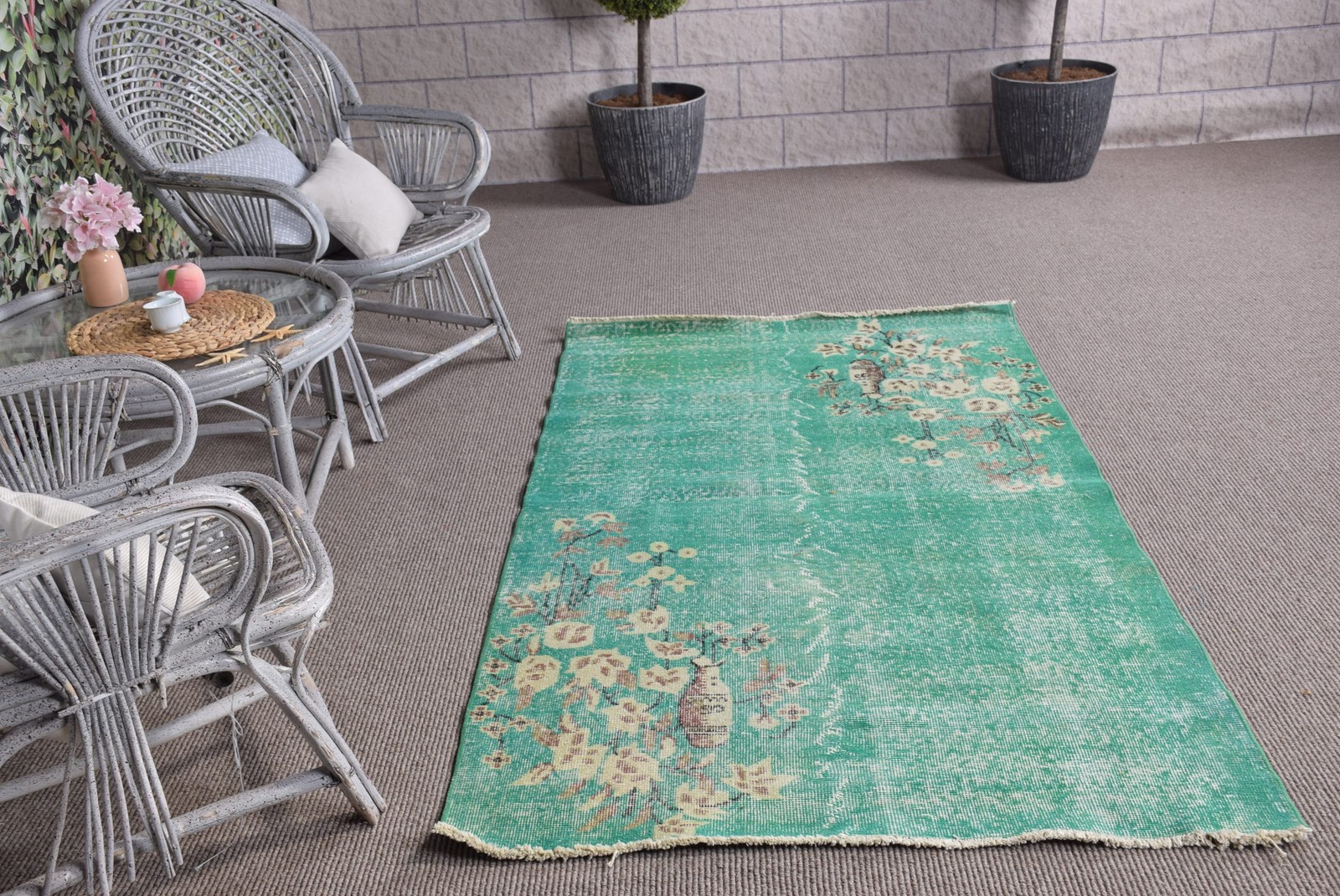 3,7×6,6 ft Rug, Vintage Turkish Rug, Rug Green Patchwork Rug