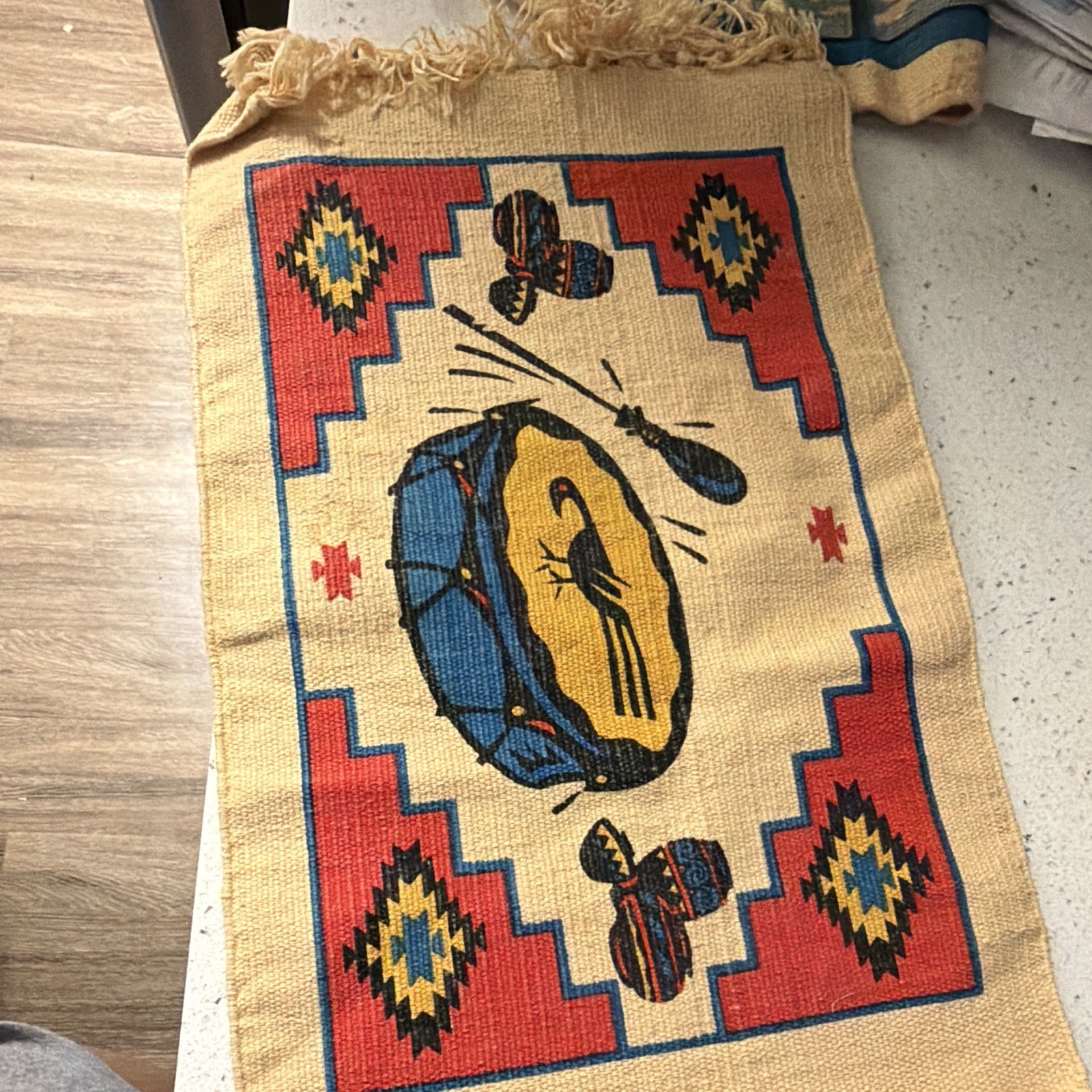 Beige Woven Geometric Fringed Rectangle Area Rug w/ Red Blue Yellow Black