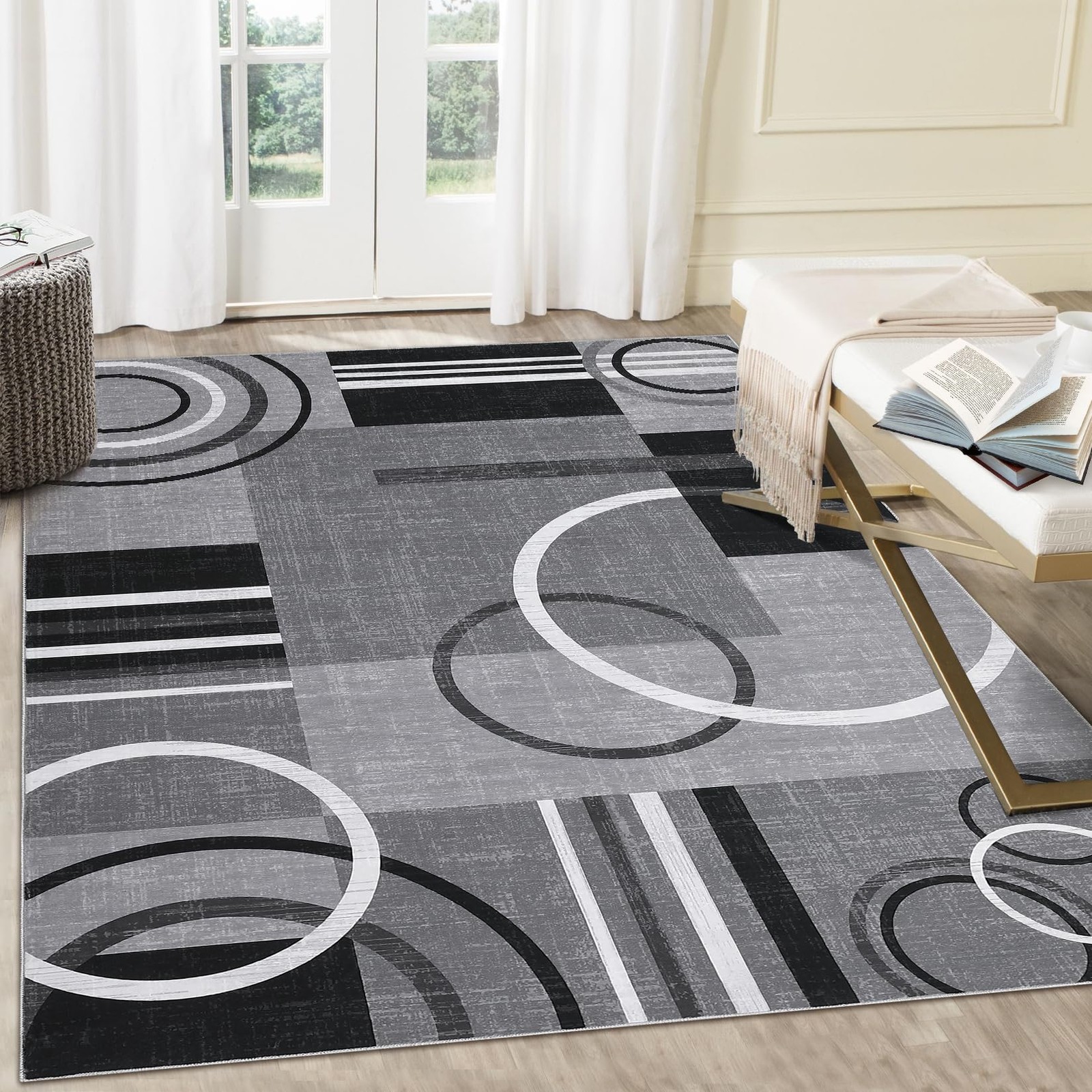 Rugsreal 9X12 Washable Abstract Circles Rug – Contemporary Modern Area Accent