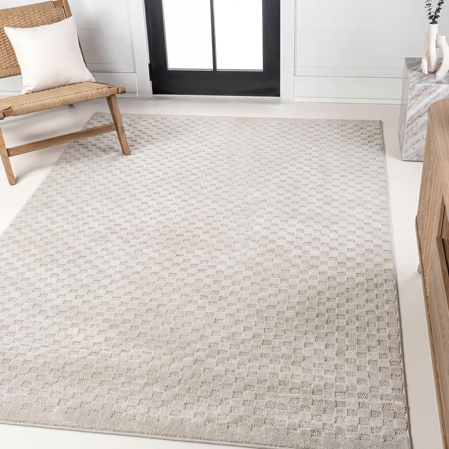 Finn High-Low Checkered Ivory 8×10 Indoor/Outdoor Area Rug, Washable