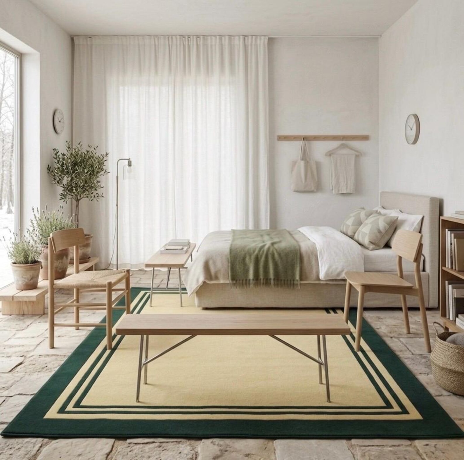 Hand Tufted Wool Rug Forest Green, Pale Yellow Bordered Carpet Modern Minimalist