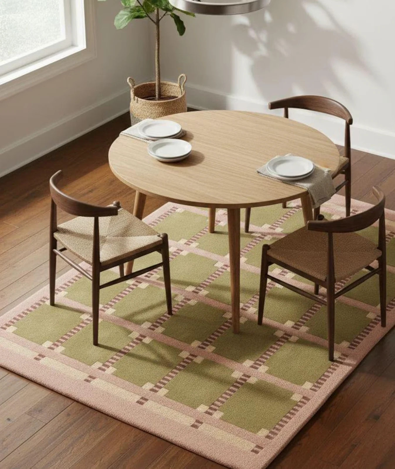 Sage Green & Blush Pink Grid Rug Modern Geometric Wool Area| Hand-Tufted Carpet