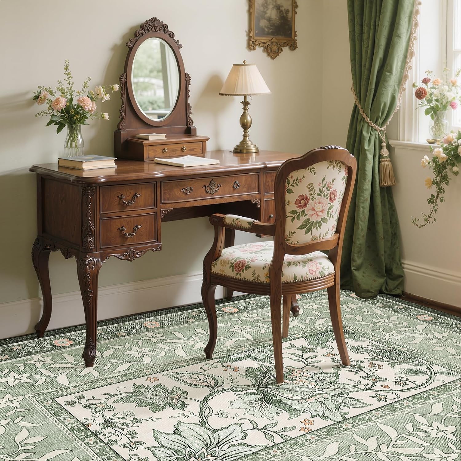 Provence 5×7 Area Rugs, Botanical Grove Sage Green Vintage Cottagecore Non-Sl…