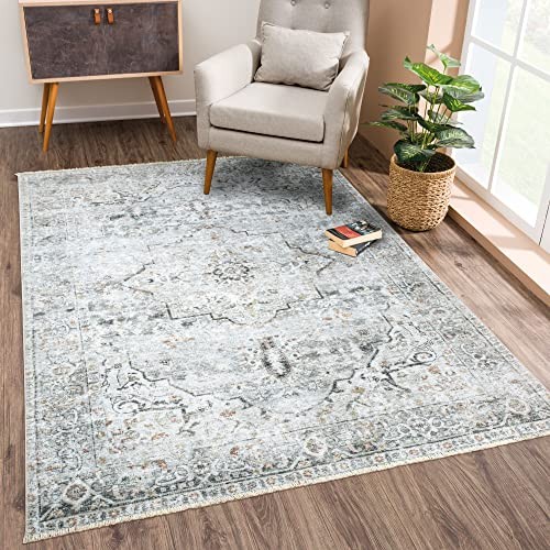 Caria Washable Non-Slip 3×5 Rug – Ivory/Gray/Caramel Traditional Area Rug for