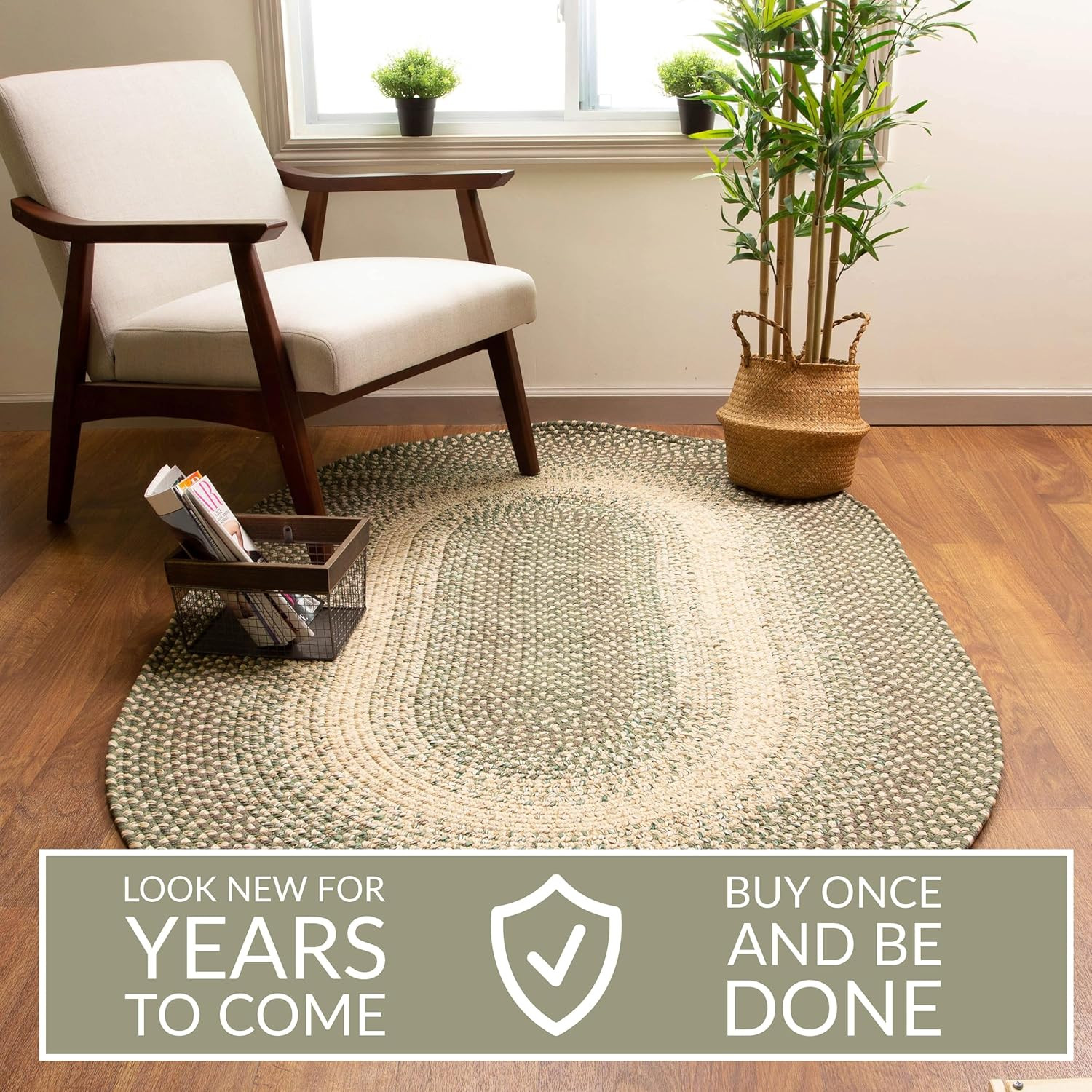 Reversible 4Ft Round Braided Rug in Forest Green/Beige for Kitchen & Dining