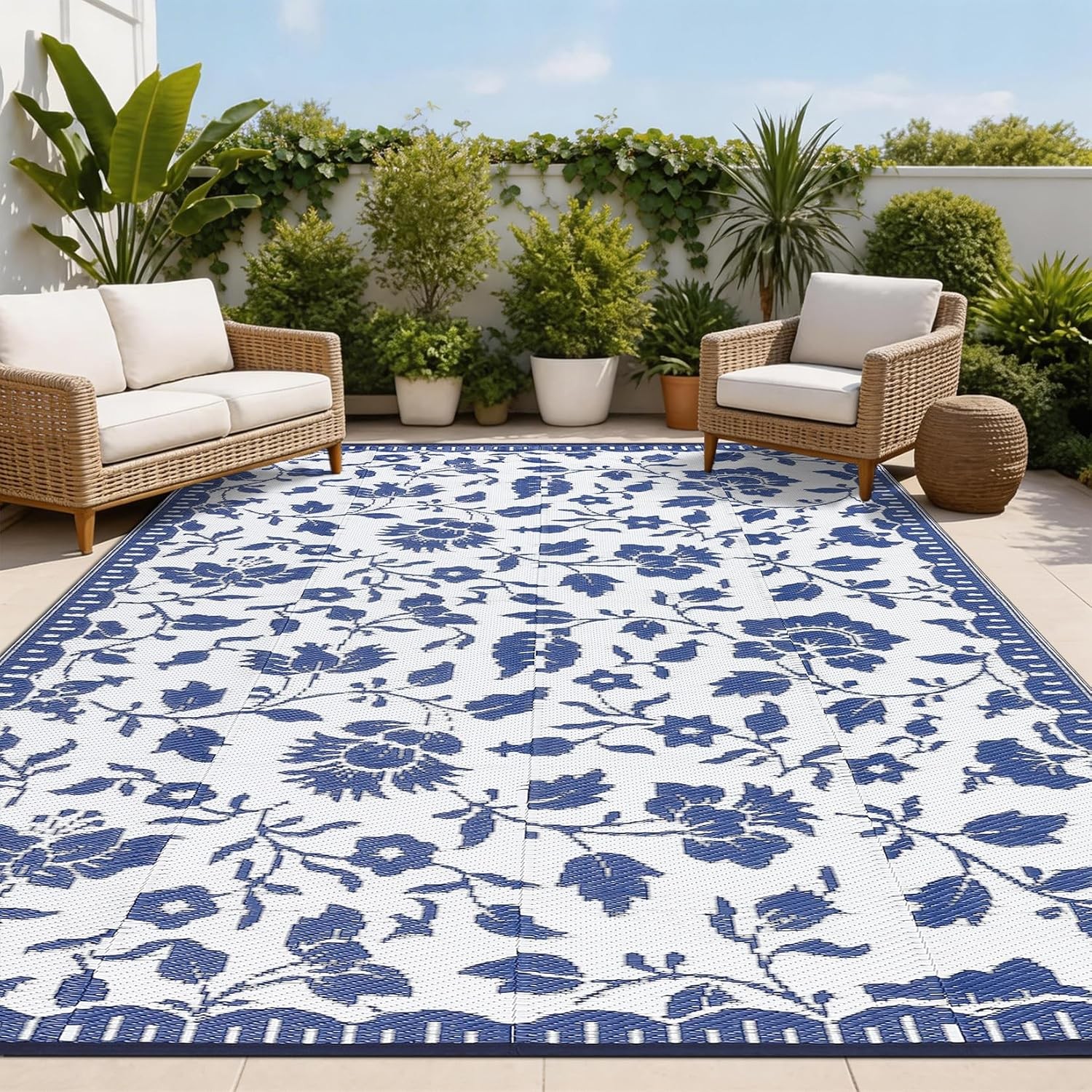 Vintage Floral Outdoor Plastic Straw Rug Waterproof Foldable RV Mat w/ Bag