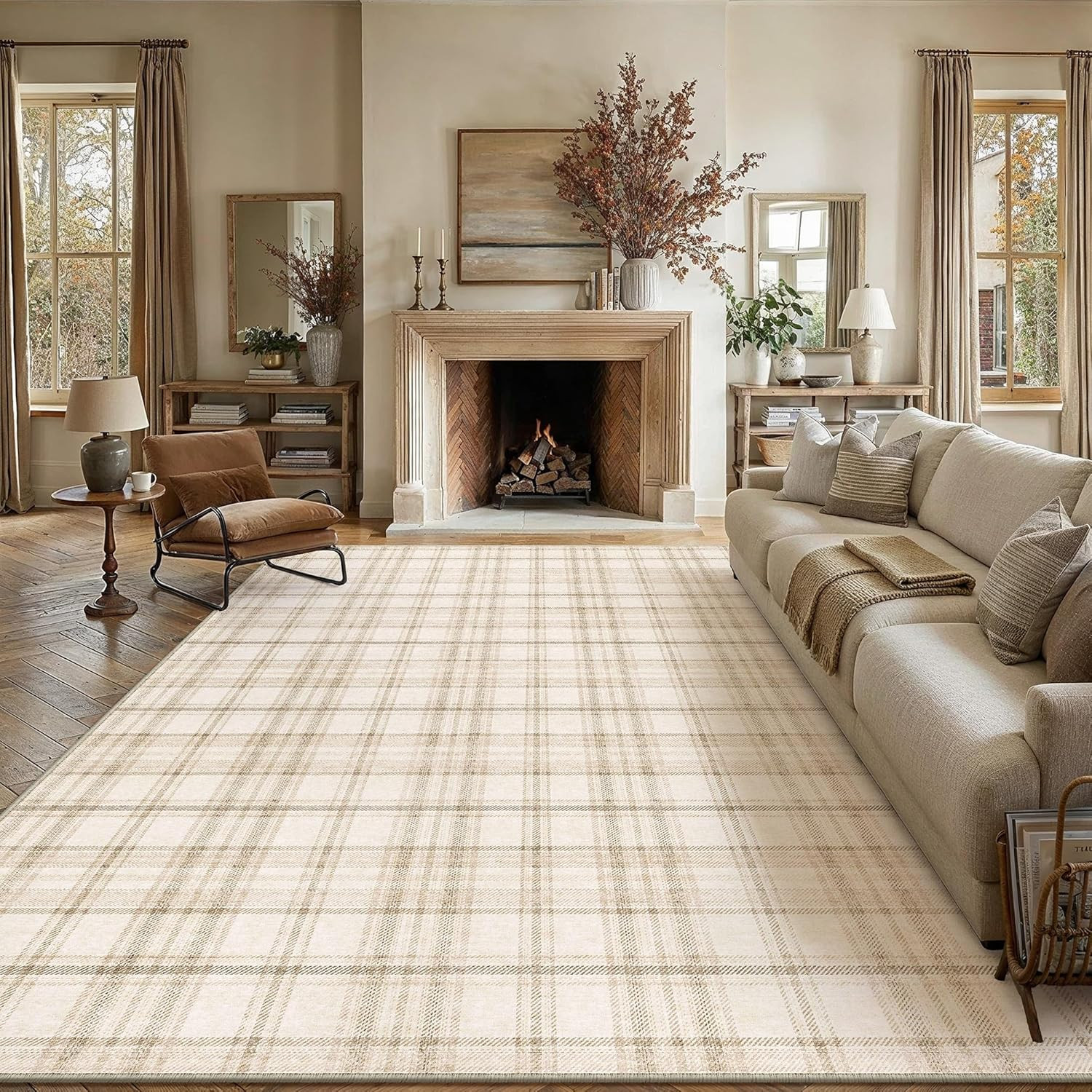 Beige 8X10 Area Rug – Soft, Washable, Non-Slip Checkered Carpet for Home
