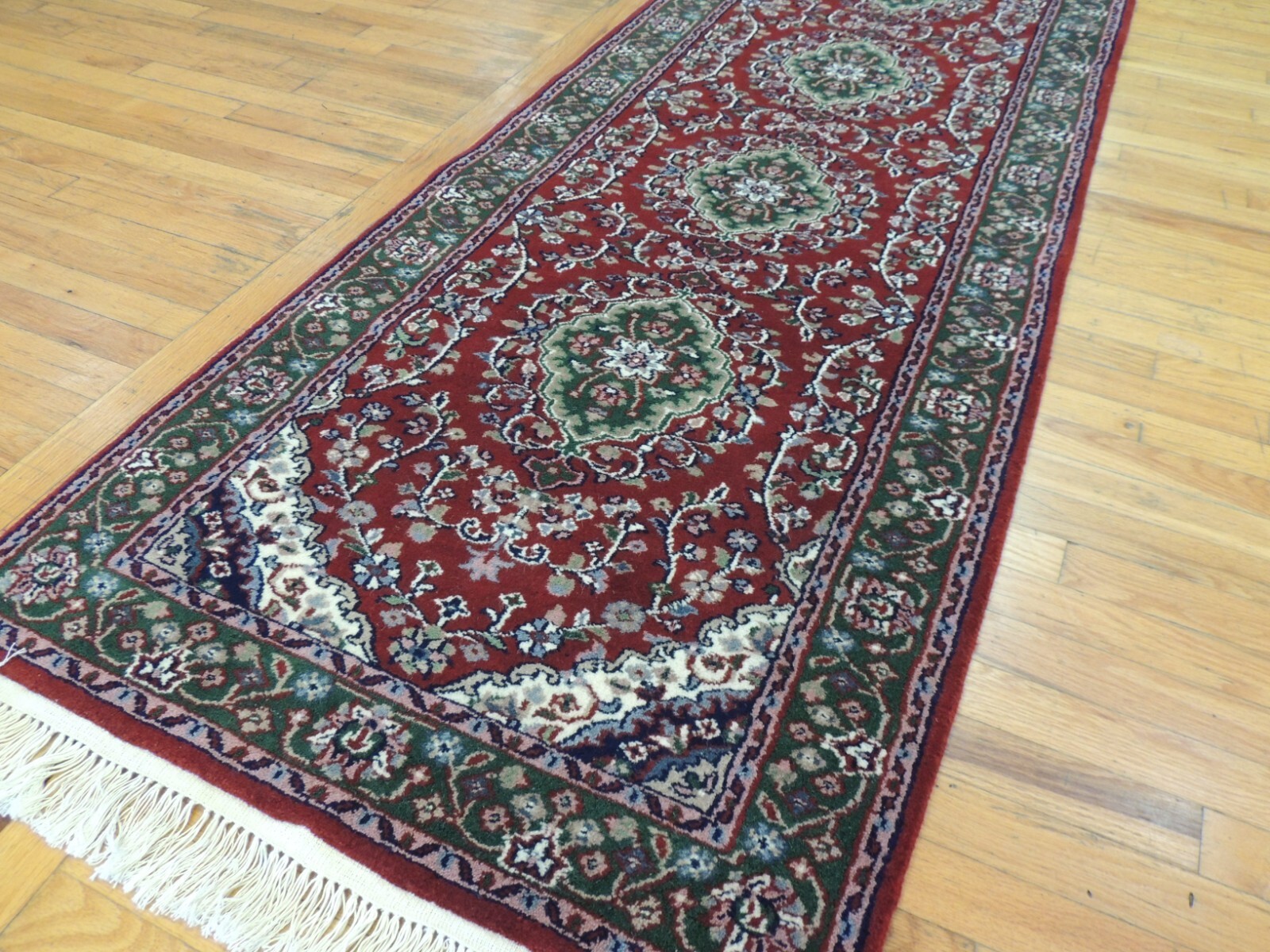 3×8 2×8 RUNNER Rug wool Hand knotted Red Green Blue/Gray Purple Stunning!