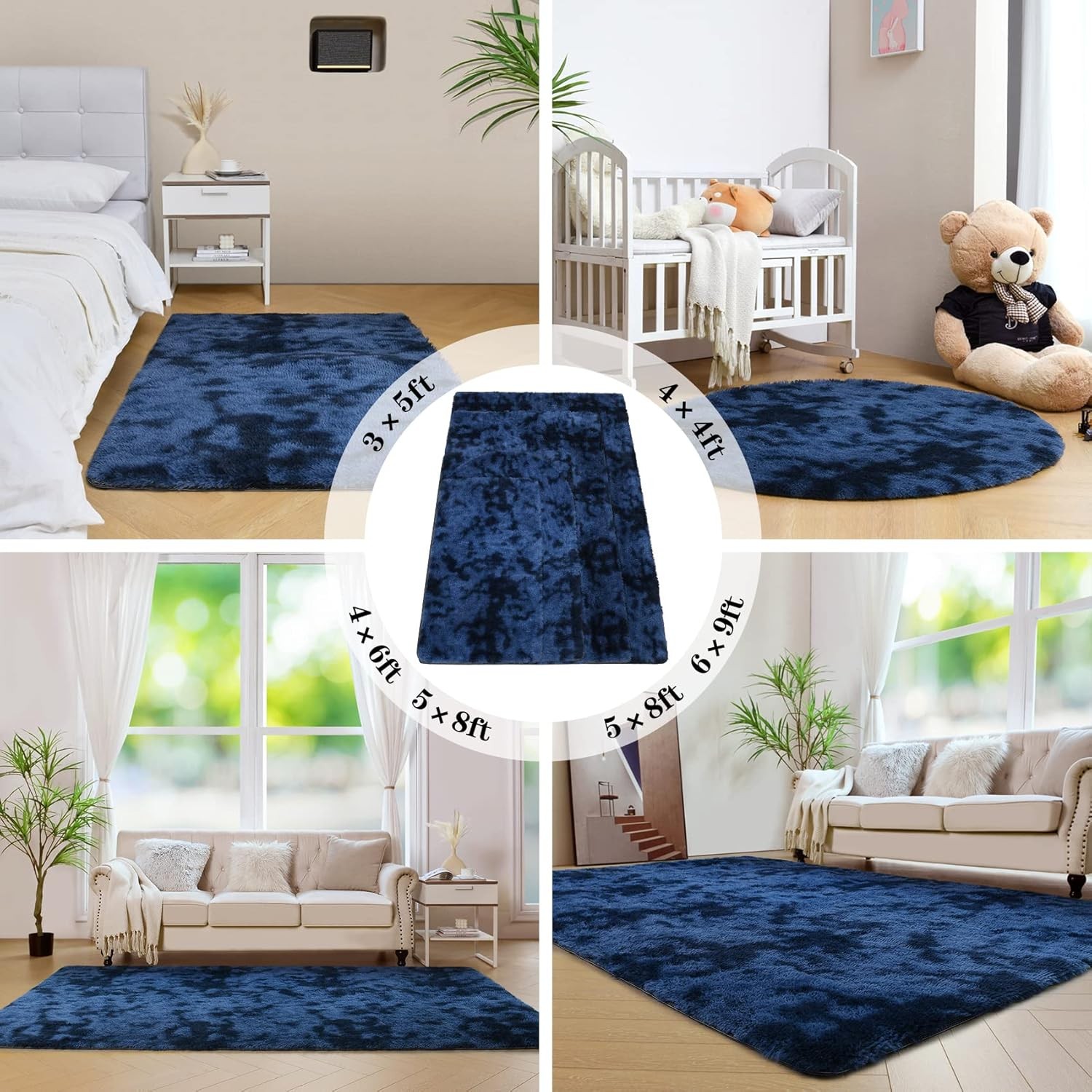 duduta Navy Blue Fluffy Round Rug 4×4 ft, Tie-Dyed 4x4ft, Tie-dyed