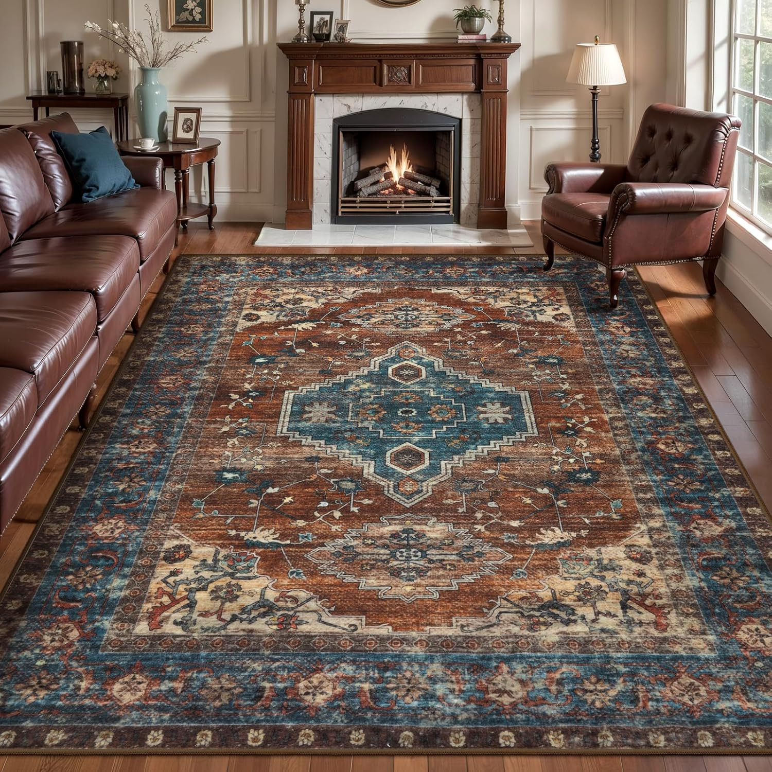 Washable 6×9 Vintage Area Rug, Non-Slip Soft Carpet for Living Room & Bedroom