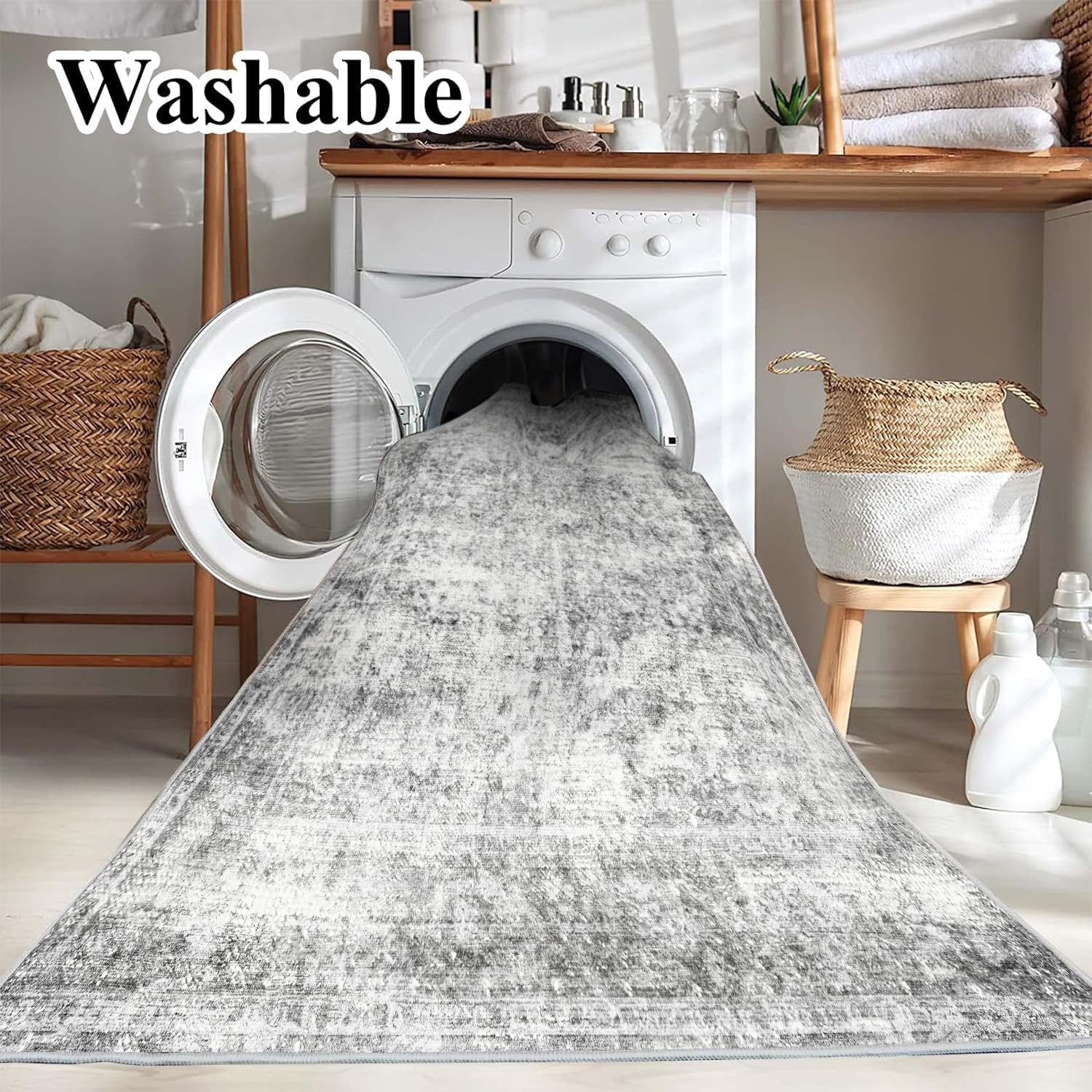 Area Rug 8X10 Washable Rug Gray Vintage Rug Traditional Mat Distressed Indoor Fo