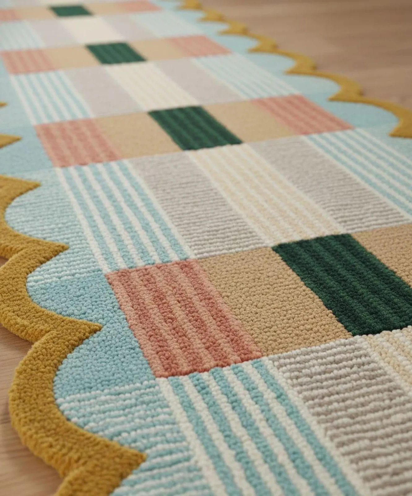 Hand-Tufted Wool Blend Runner Rug: Scalloped Checkered Entryway for home decor
