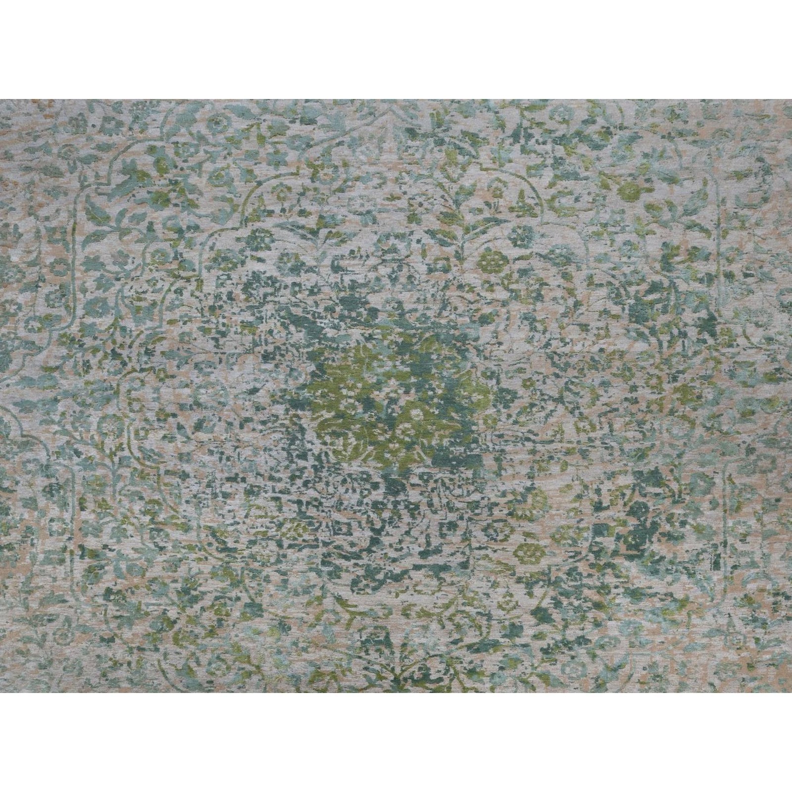 11’10″x15’1″ Green Erased Medallion Design Hand Knotted Wool & Silk XL Rug 92462