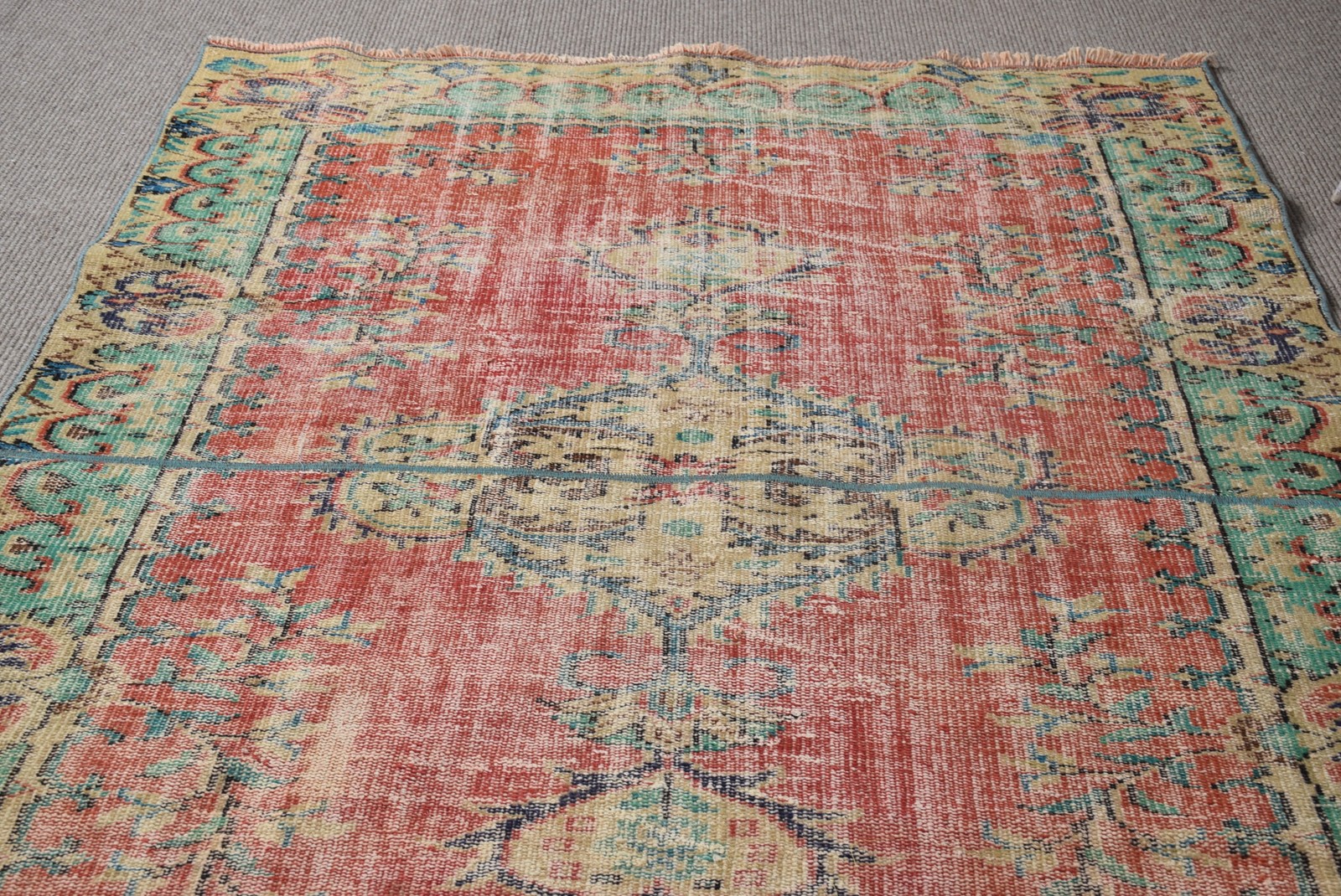 Turkish Rug, 5,2×7,5 ft Vintage Rug, Red Green Floral Wool Rug