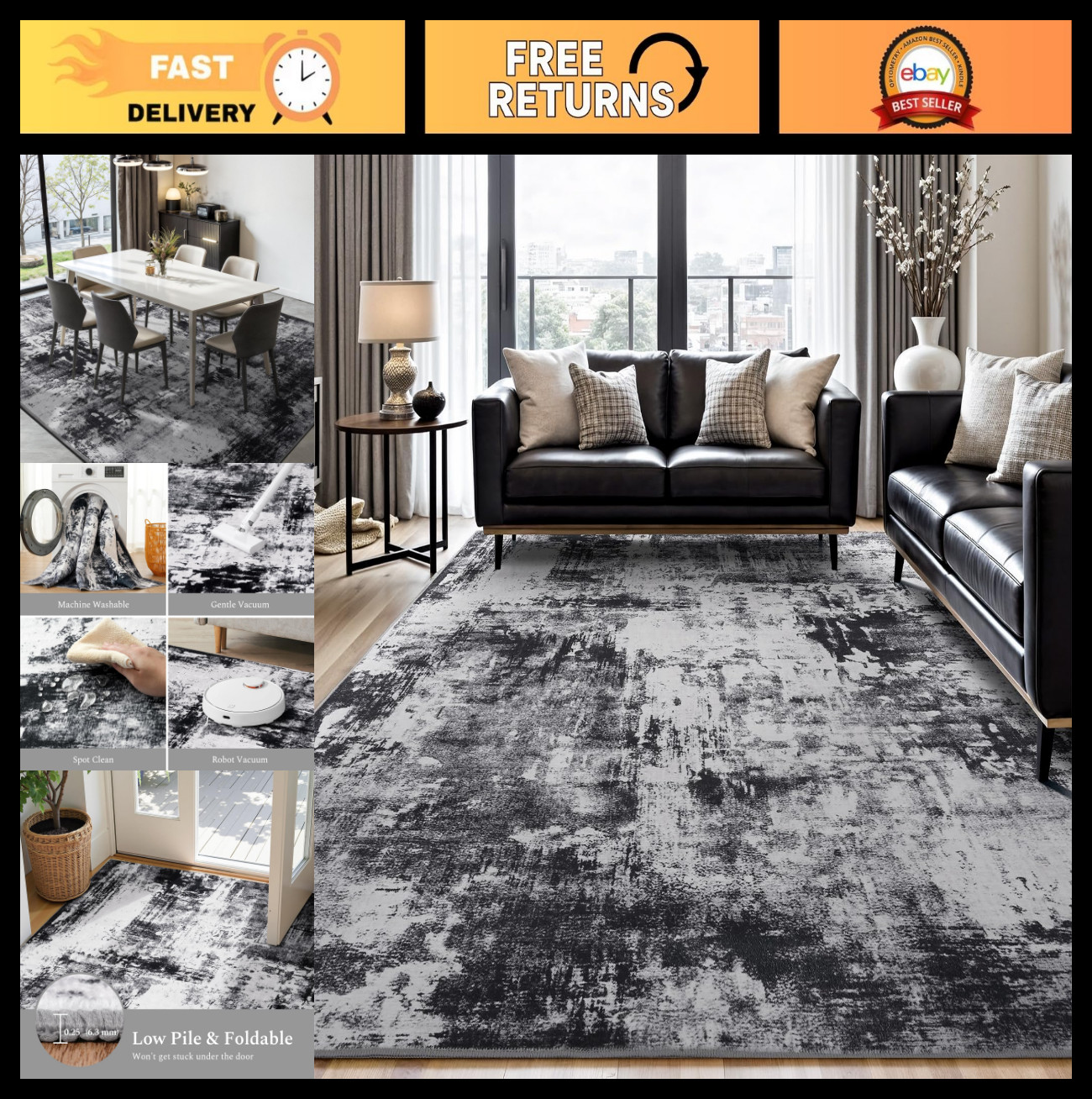 Large 8×10 Washable Area Rug for Living Room – Black Grey Dark Design