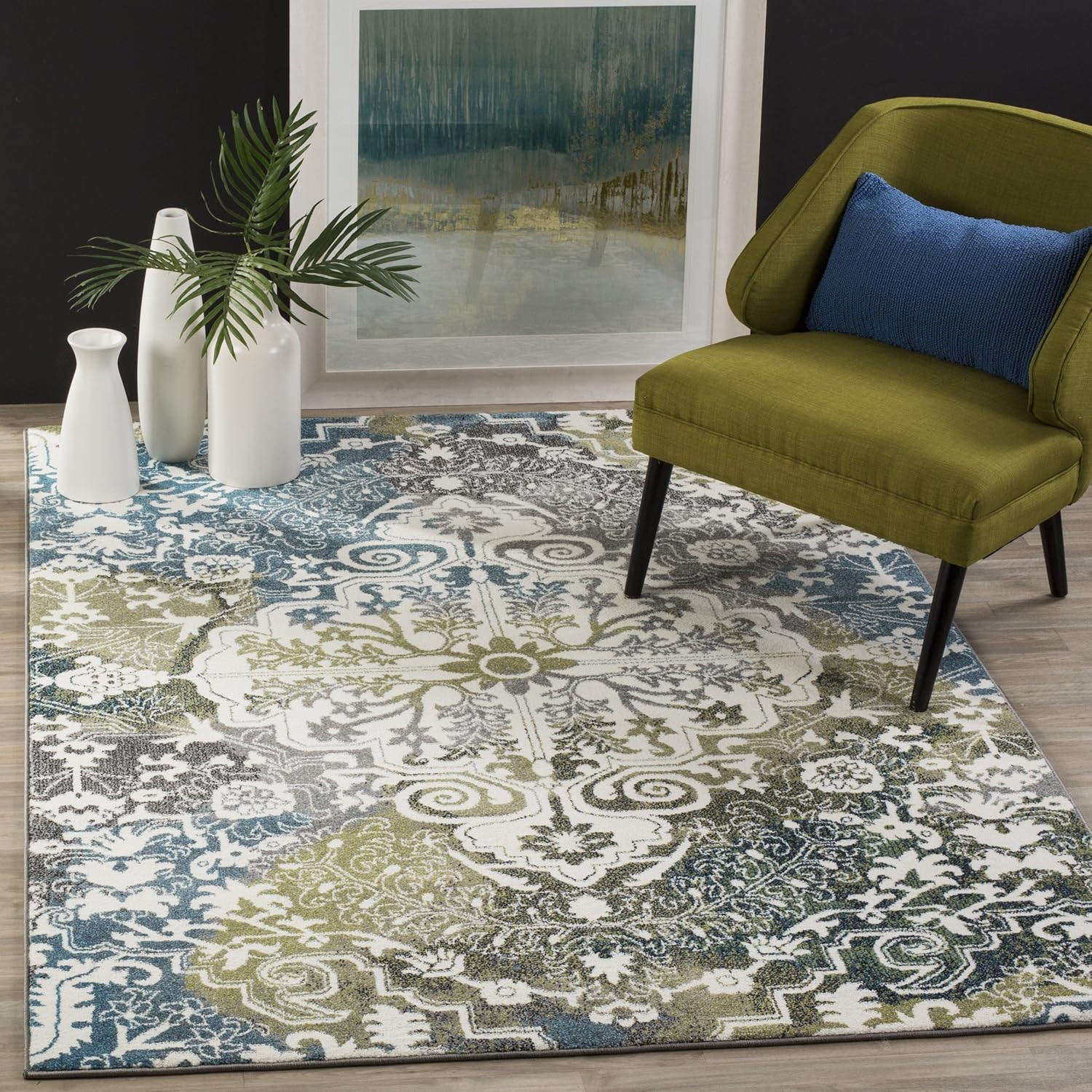 Boho Chic Watercolor Area Rug – 6’7″ Square, Ivory & Peacock Blue