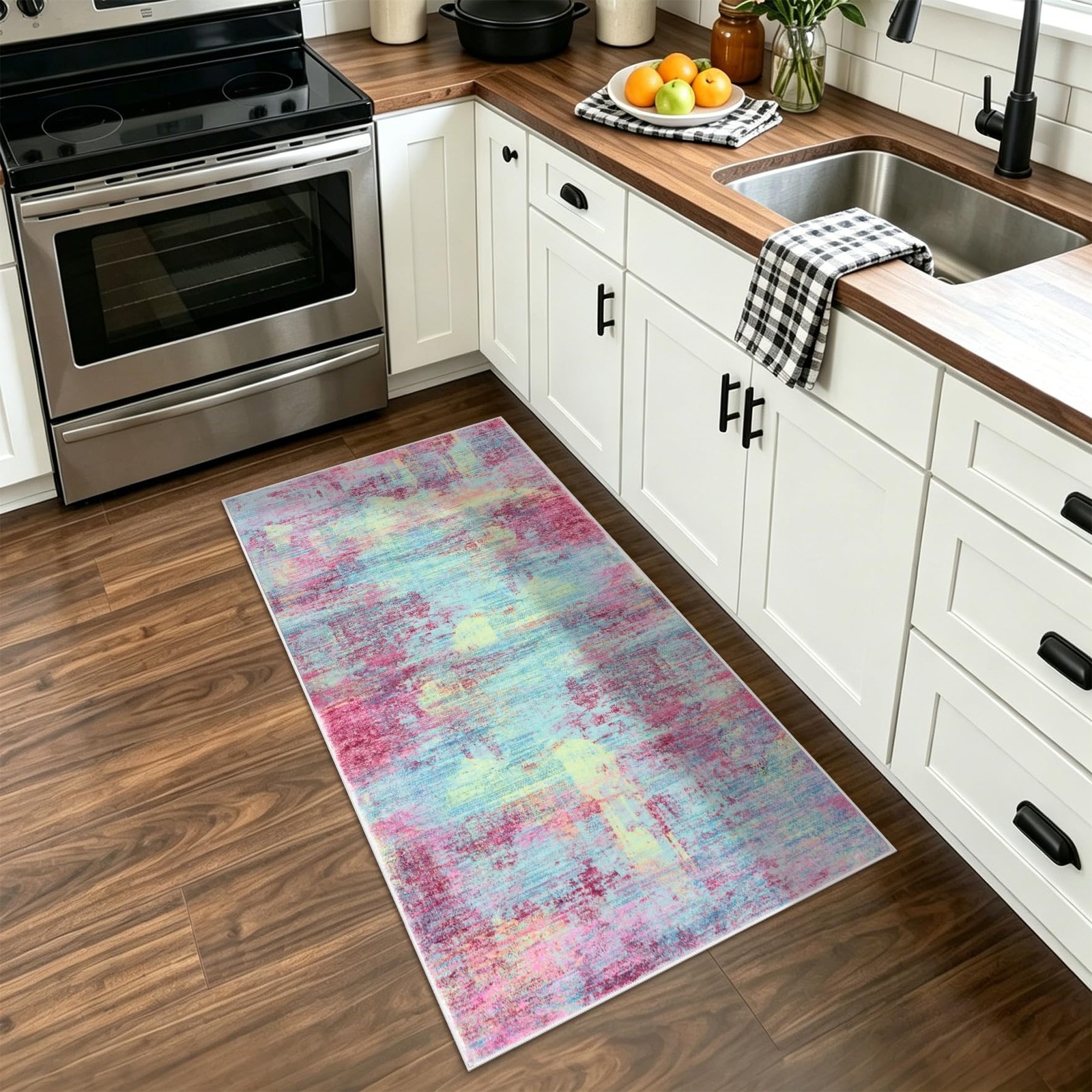 Abstract Runner Rug 2×4 Ft Pink Teal Washable Non-Slip Rubber Backed – Indoor