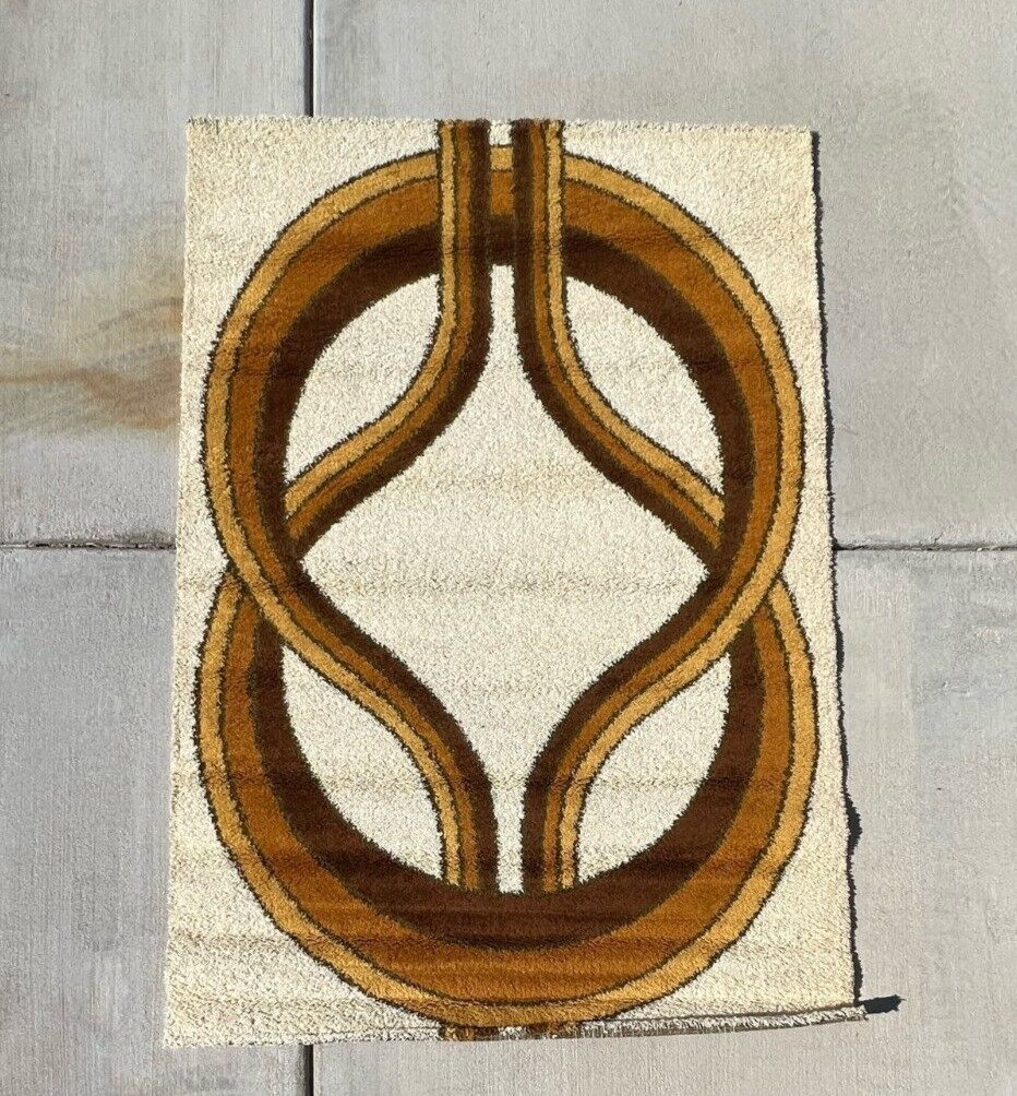 70’s HOJER EKSPORT WILTON Knot Brown Yellow UNUSED Rya Rug Danish Mid Century