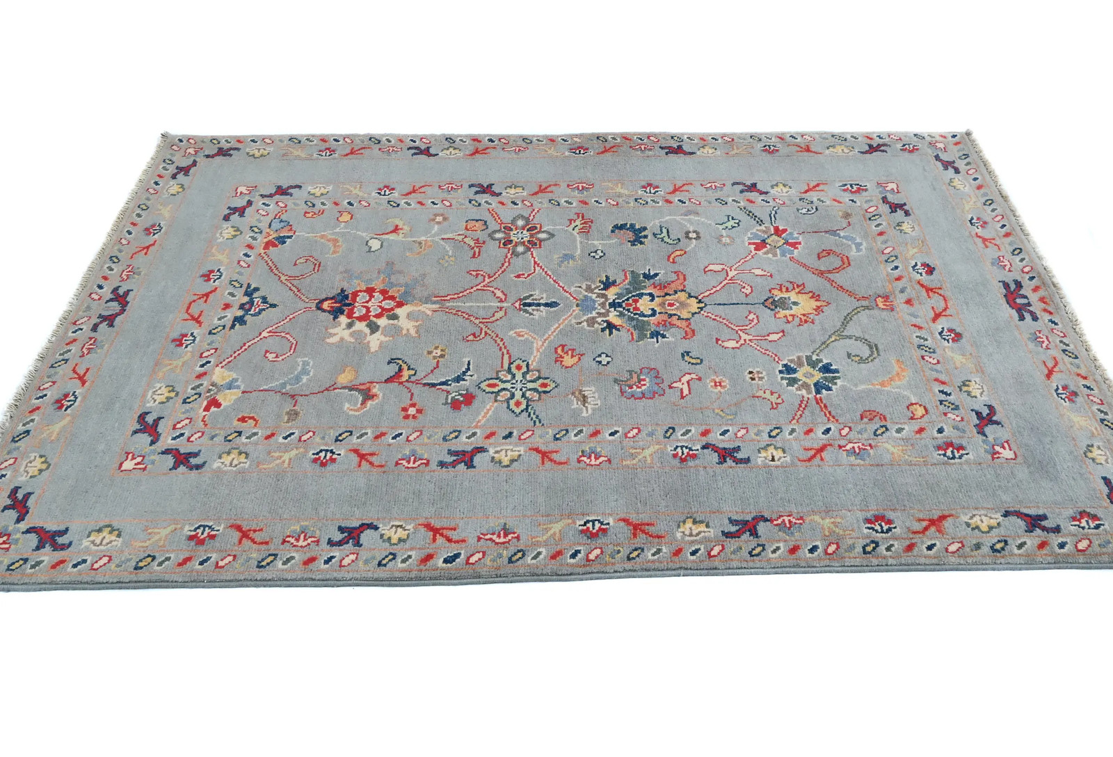 Hand-Knotted Gray Kazak Rug 3X5 ft Pakistan Floral Modern Design Oriental Carpet