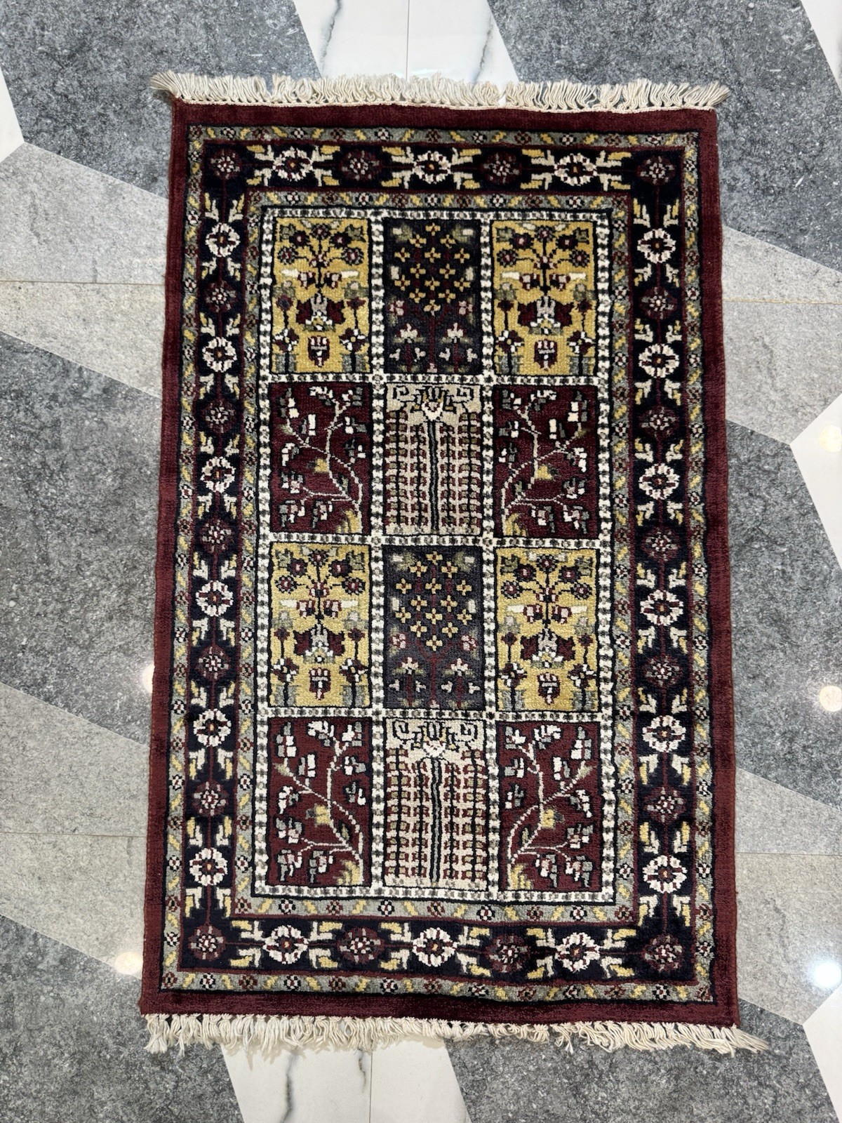 Hand knotted wine red wool art silk rug: 2x3ft Mughal garden tree design