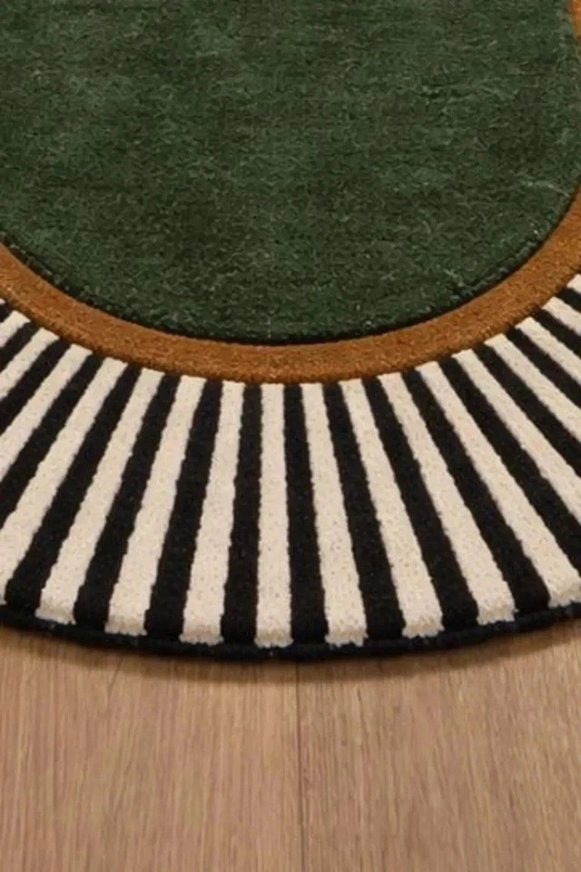 Hand Tufted Green Wool Runner Rug – Black & Ivory Striped Border Hallway Runner