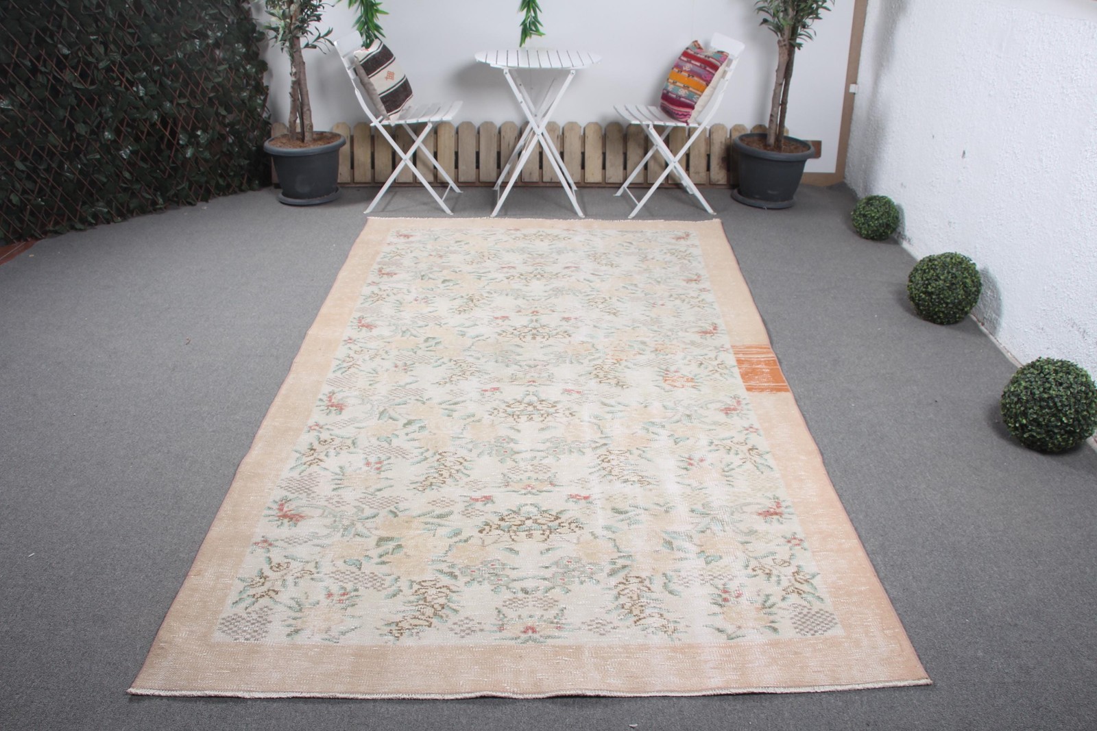 5,4×9,4 ft Vintage Turkish Rug, Large Rug, Beige Green Striped Wool Rug