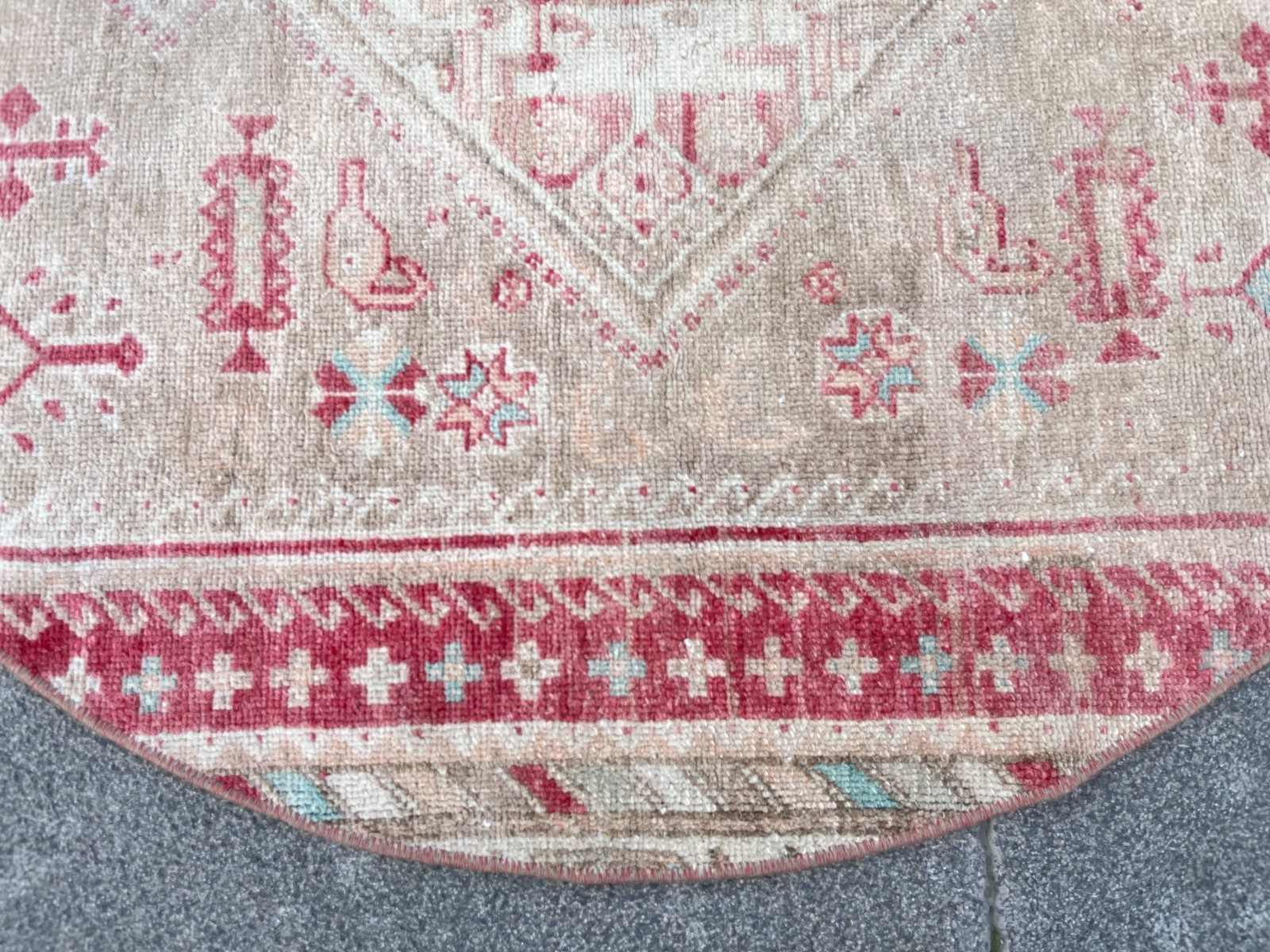 3.5 ft Round Vintage Turkish Rug Medallion Muted Red Beige Circle Small Area Rug