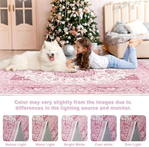 5X7 Bright Pink Area Rug for Living Room, Machine Washable Rugs with Non-Slip Ba