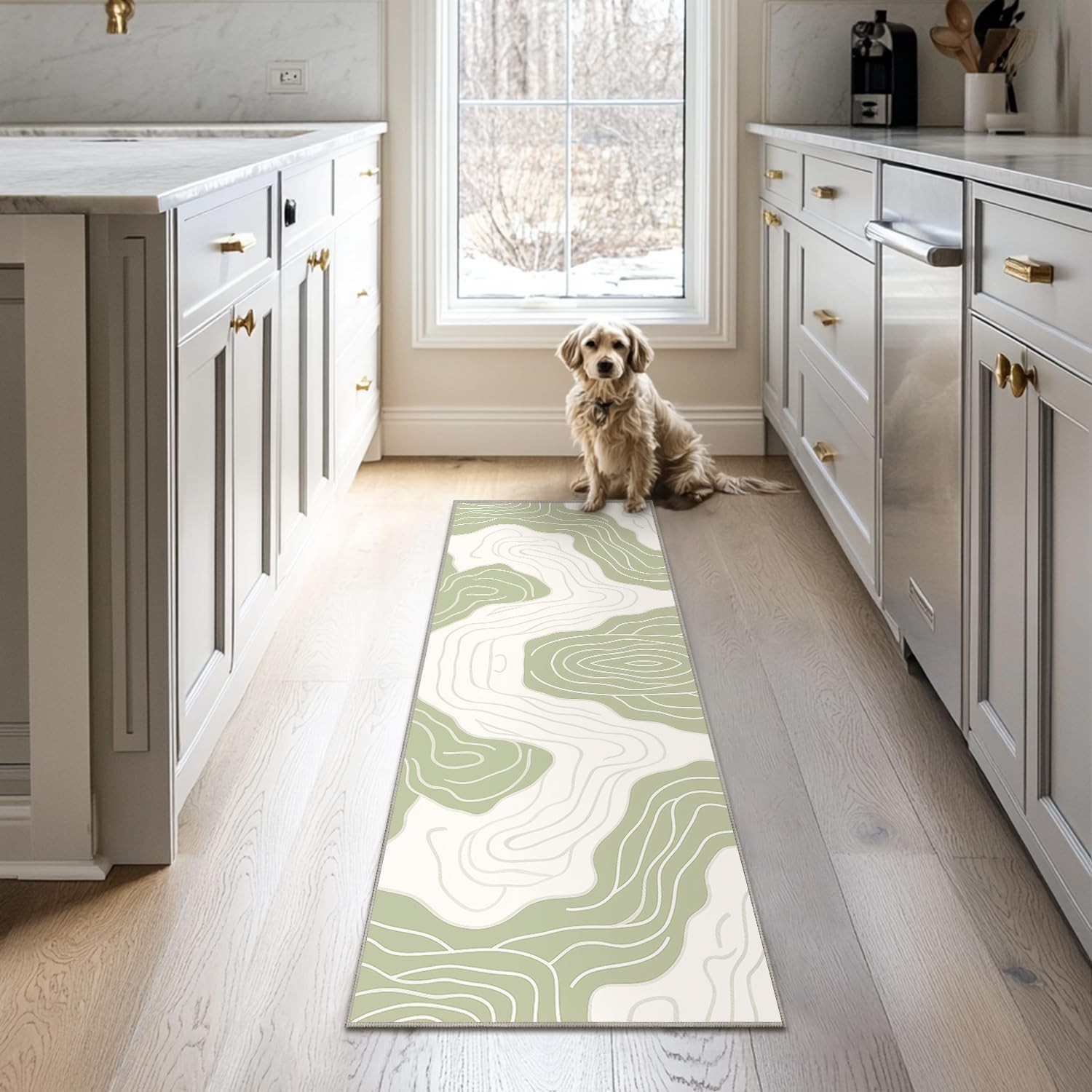 Beige and Green Runner Rug for Hallway Kitchen 2×6 Abstract Neutral Area Rugs…