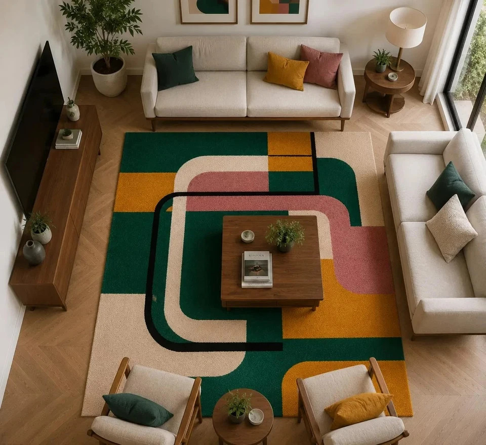 Hand Tufted 100% Wool Geometric Abstract Green Mustard Pink Cream Black Rug etc