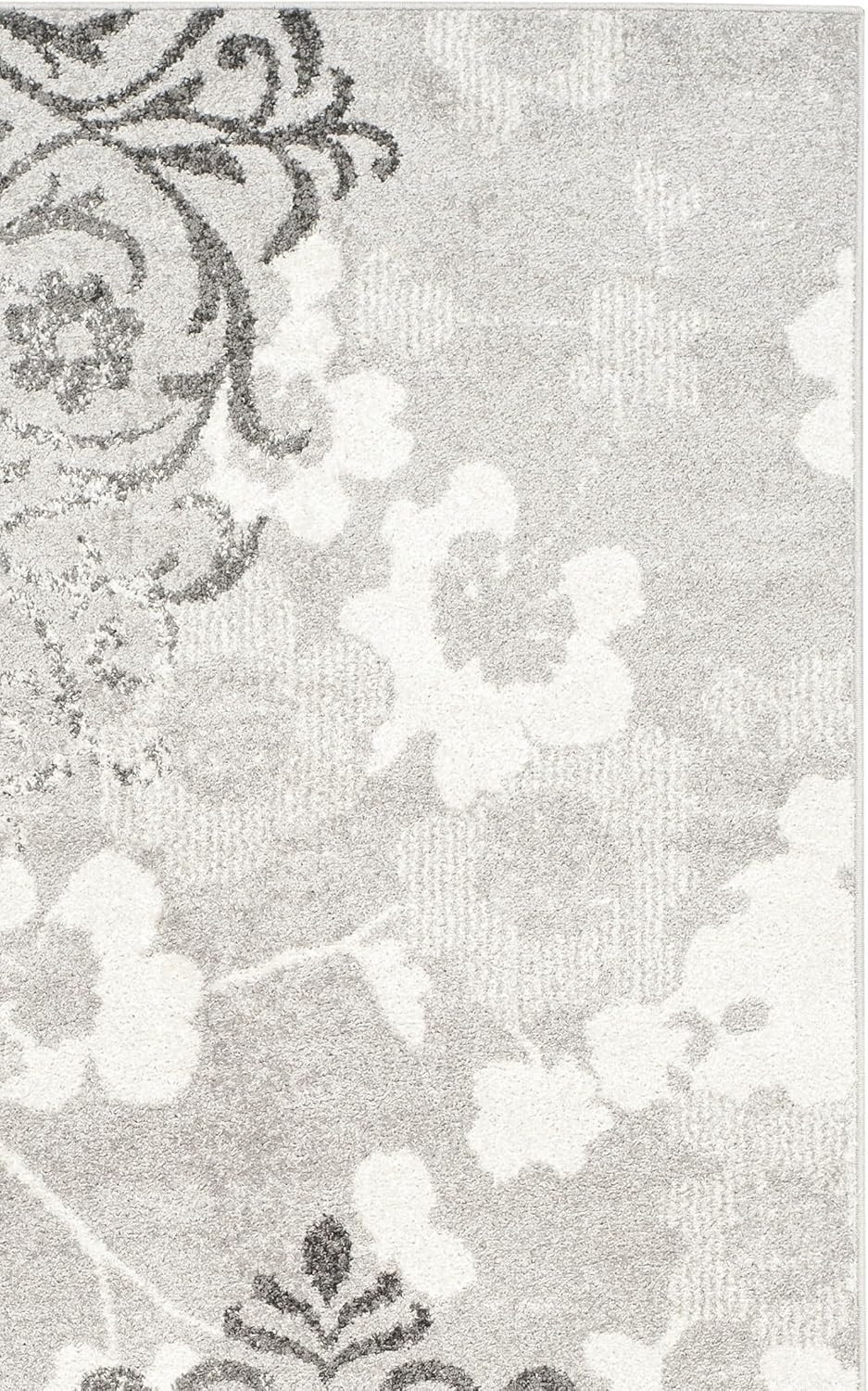 Adirondack 6′ Square Area Rug – Silver & Ivory Floral Glam, Easy Care