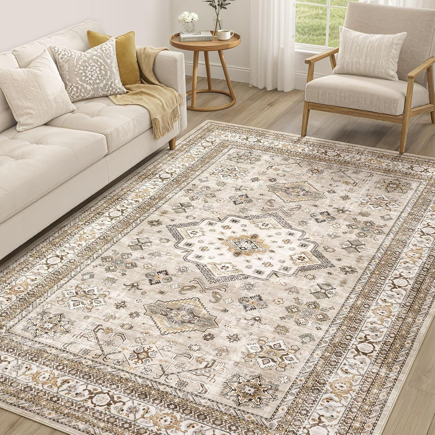 Vintage 6×9 Soft Washable Oriental Area Rug – Beige Farmhouse Decor