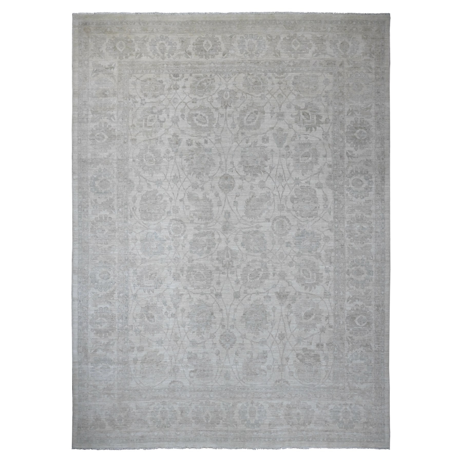 11’5″x15’1″ White Wool Washed Out Leaf Design Hand Knotted Oversized Rug R20114
