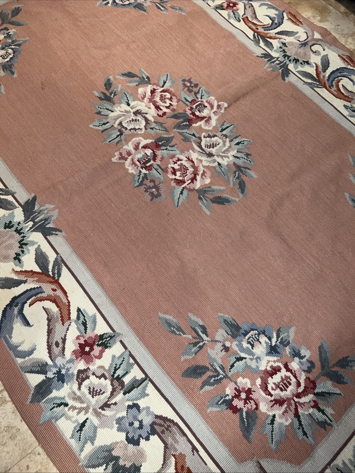 69×45 VTG Antique Needlepoint Rug Pink Floral Coquette Victorian Aubusson