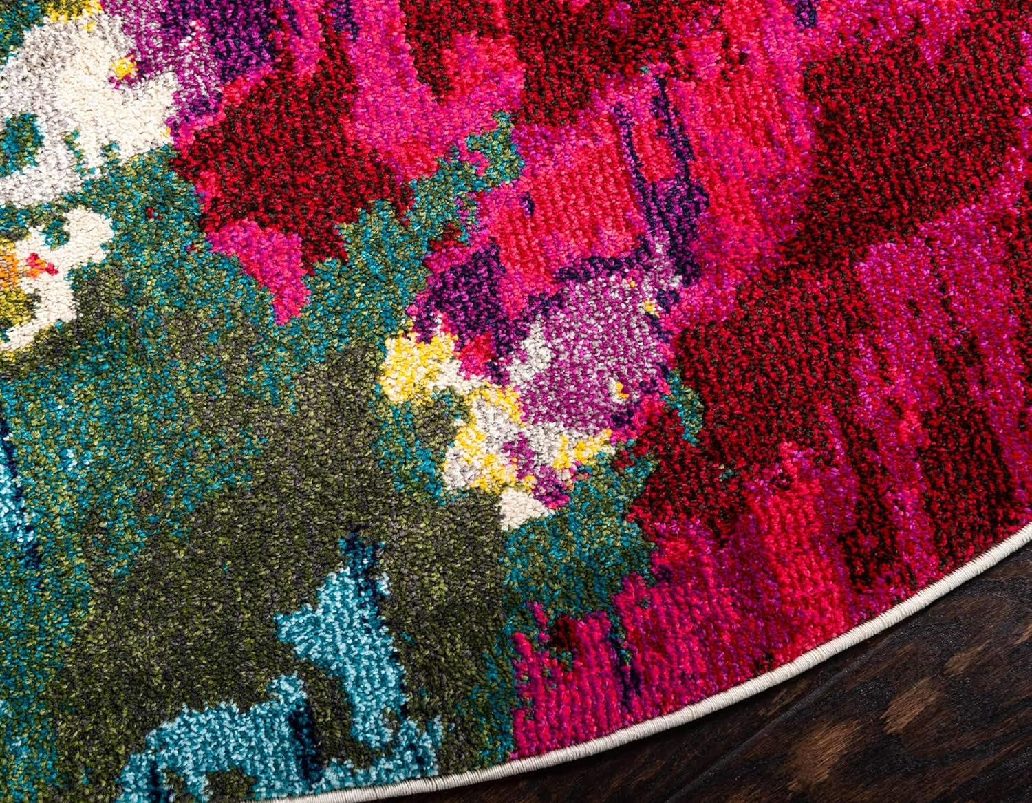 Estrella Round Area Rug – Colorful Abstract Floral Design (6′ x 6′, Multi/Pink)