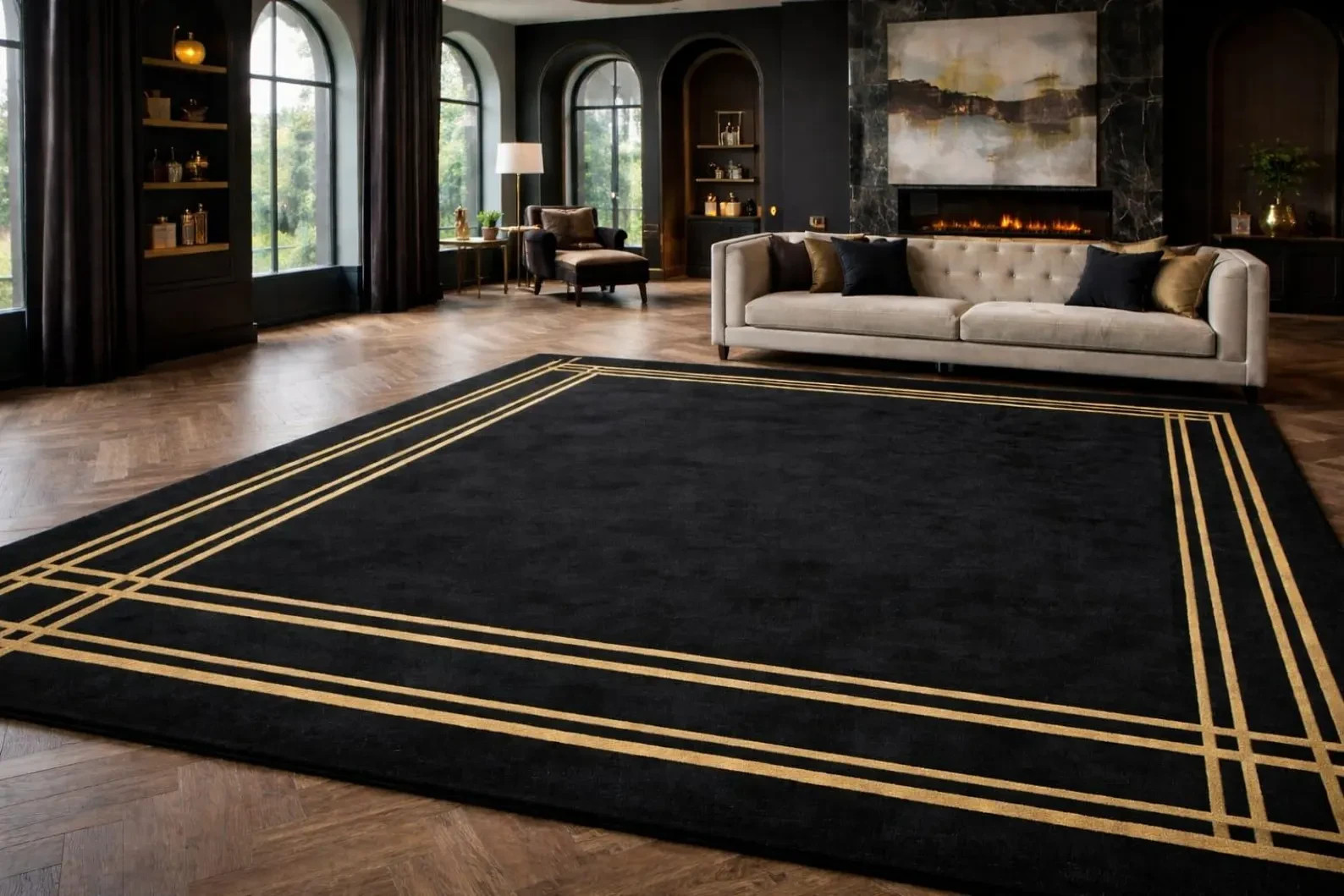 Hand Tufted Black and Gold Wool Rug – Modern Geometric Art Deco Area Rug Carpet