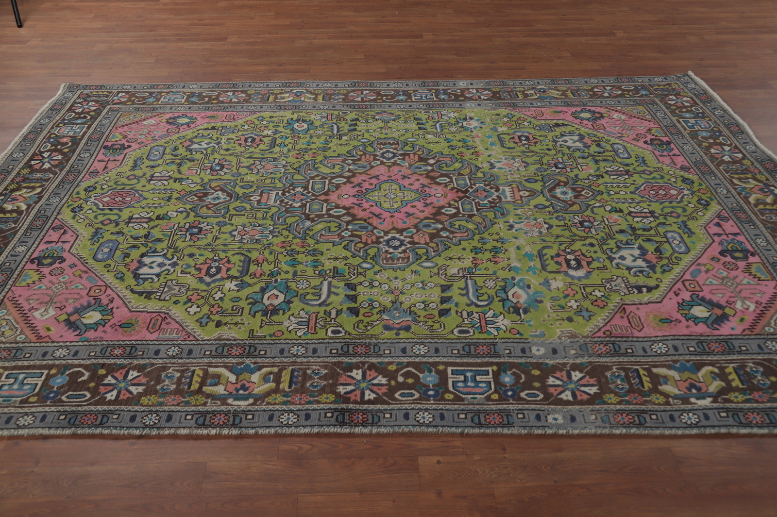Green Geometric Wool Traditional Over-Dyed Handmade Dining Room Area Rug 6×9