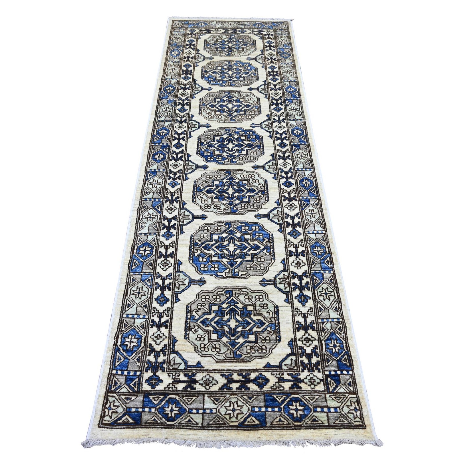 2’7″x8’3″ Ivory Afghan Ersari Elephant Feet Design Hand Knotted Wool Runner Rug