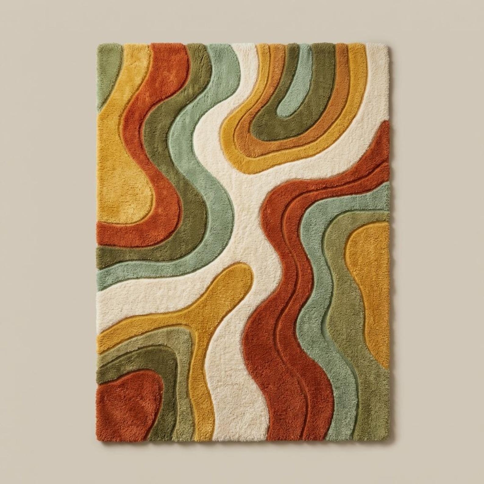 Retro 70s Boho Wavy Rug | Groovy Mid-Century Modern Plush Area Carpet | 5×7 Cozy