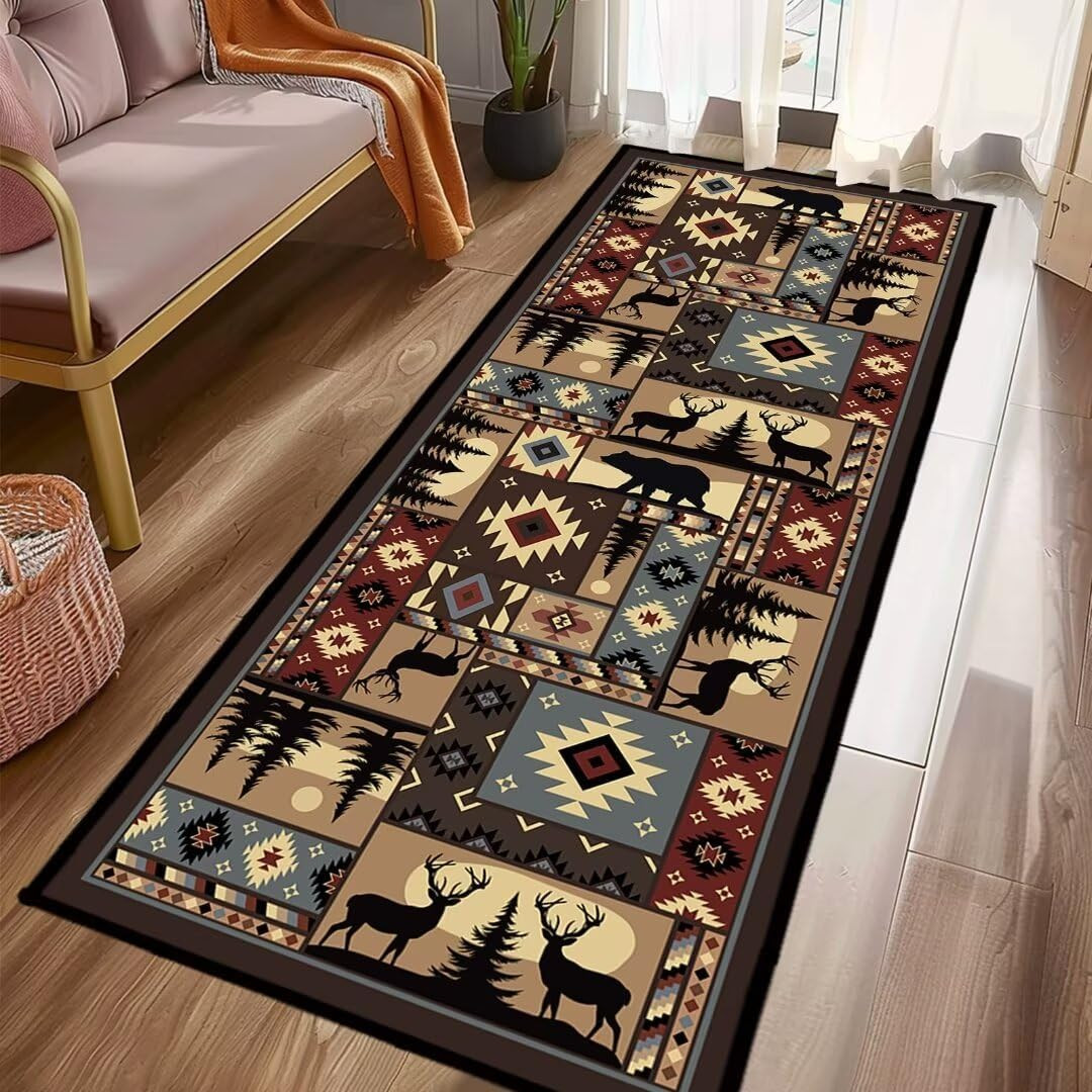 Rustic Cabin Wildlife Long Runner Rug 2X6 Throw Rug,Buffalo Plaid Bear Moose Dee