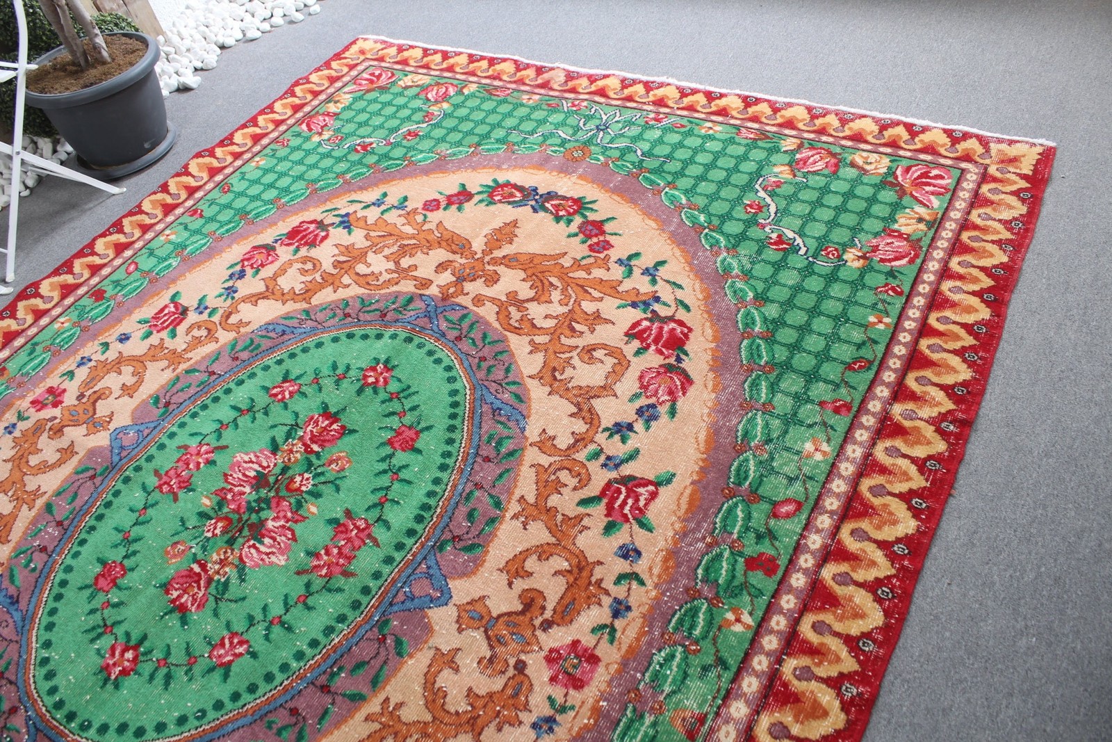 7,3×10,7 ft Vintage Rug, Turkish Oversize Rug, Green Red Oriental Wool Rug