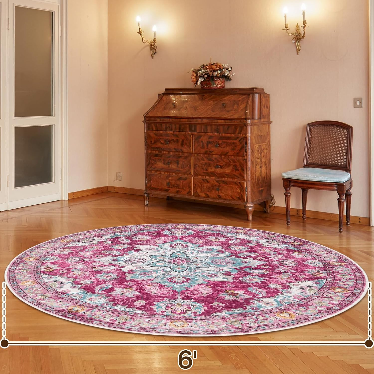 6′ Machine Washable Boho Round Area Rug – Non-Slip Rose Red for Any Room