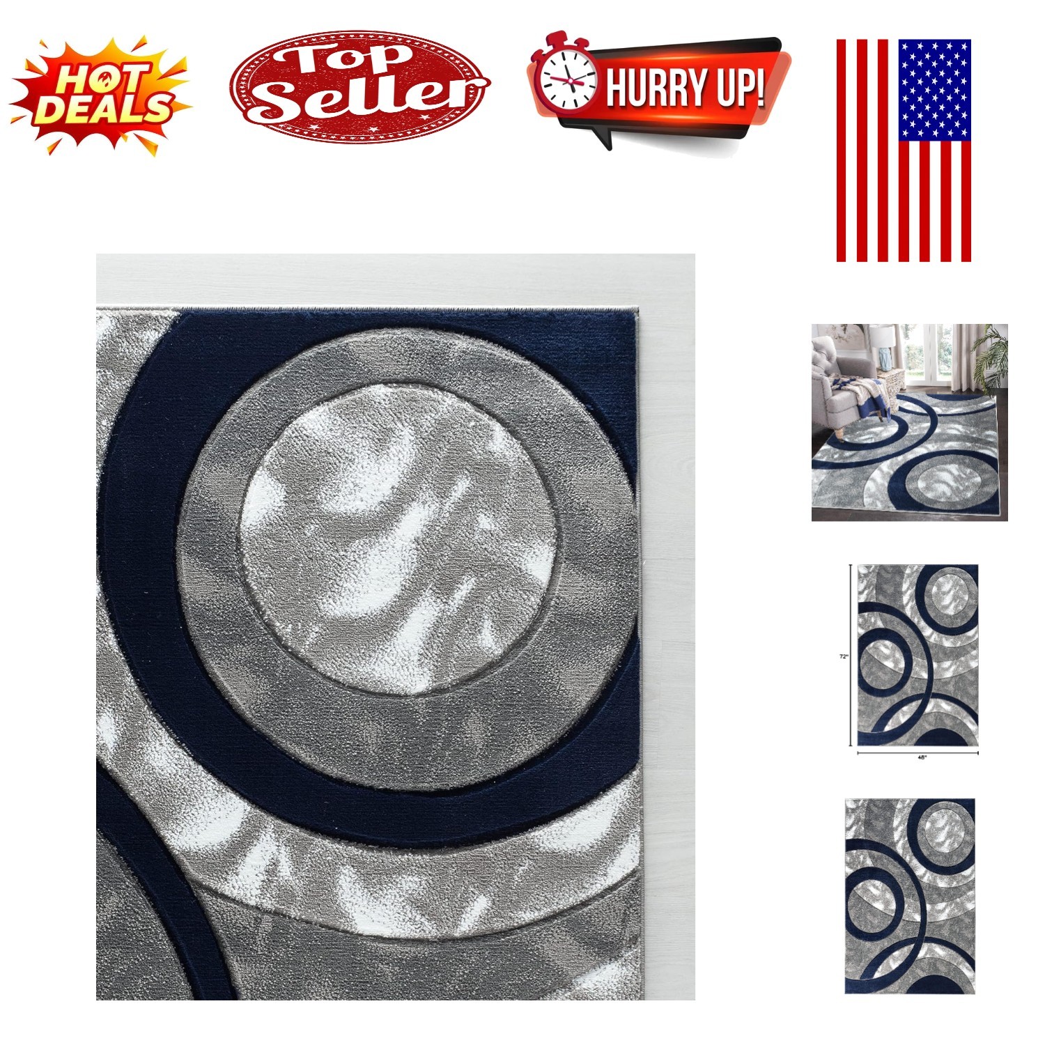 Modern Navy Geometric Area Rug – Soft, Fluffy, and Durable