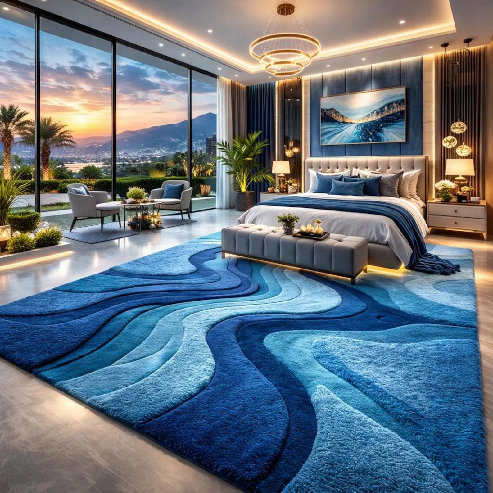 Hand Tufted New Zealand Wool Blue Wave Abstract Rug – Modern Luxury Room Carpet