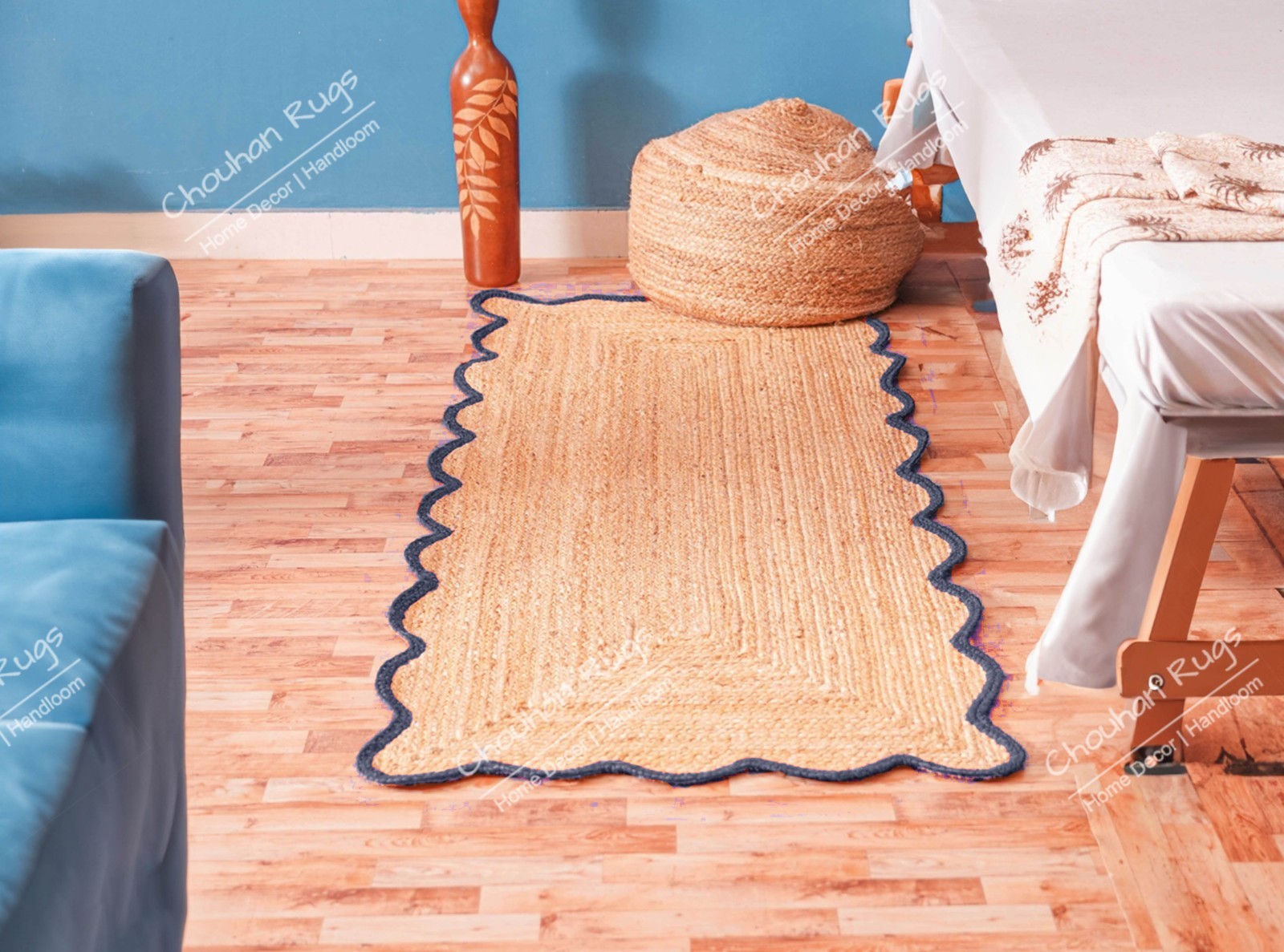 Handmade Natural Jute Rug with Navy Blue Border hallway Runner rug Kitchen Rug