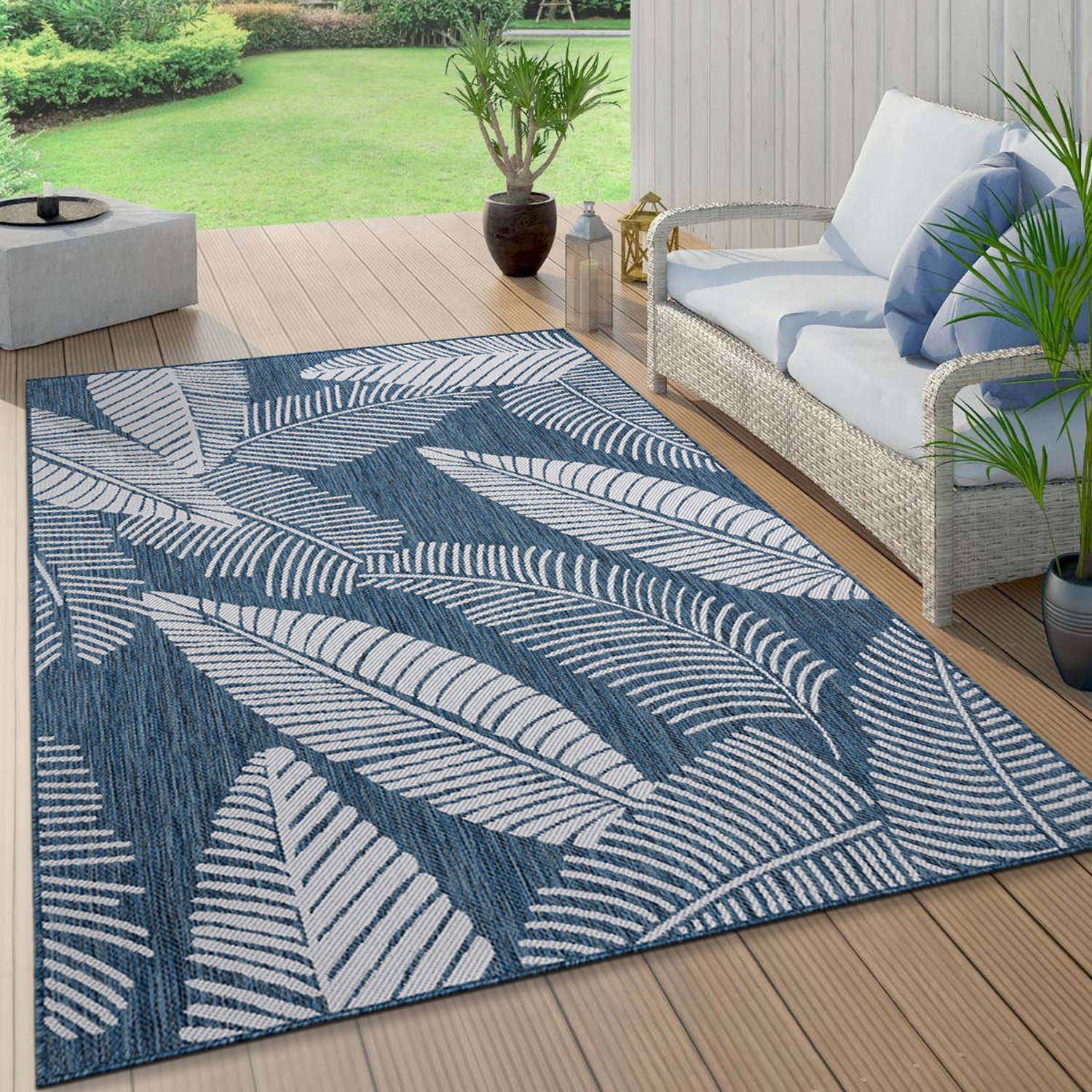 Rugshop Out Door Rugs Distressed Palm Leave Textured Indoor Outdoor Carpet Navy