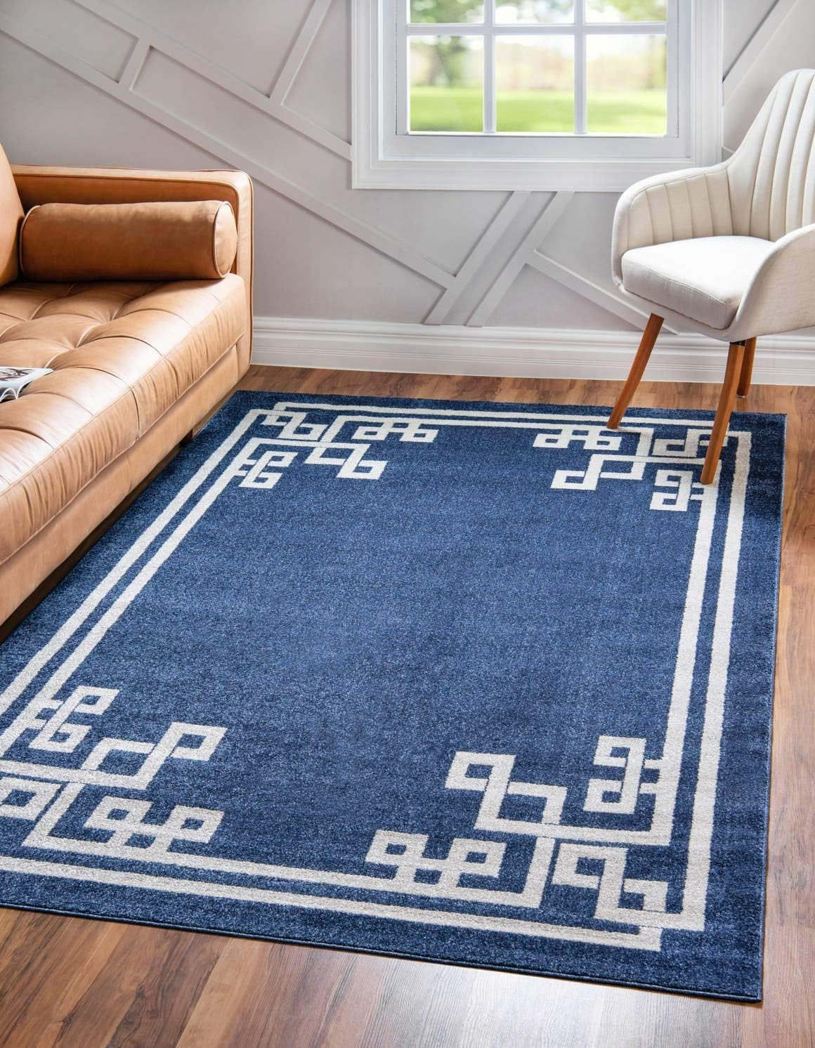 Navy Blue & Beige Geometric Tribal Area Rug – 9′ x 12′ Rectangular Design