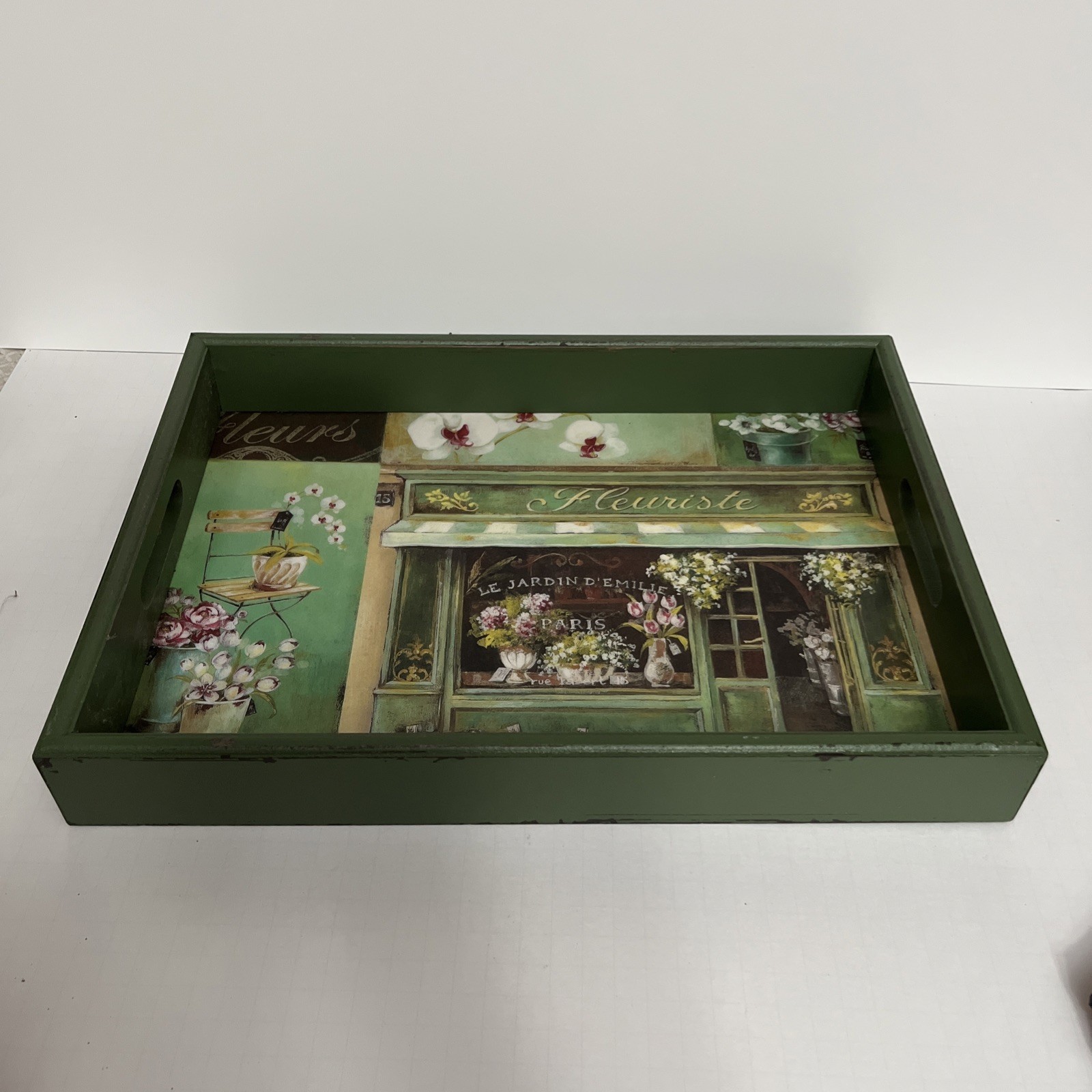 Home Essentials Tray Fleuriste Floral Green Distressed 16 1/8”Wx11 1/2” Used