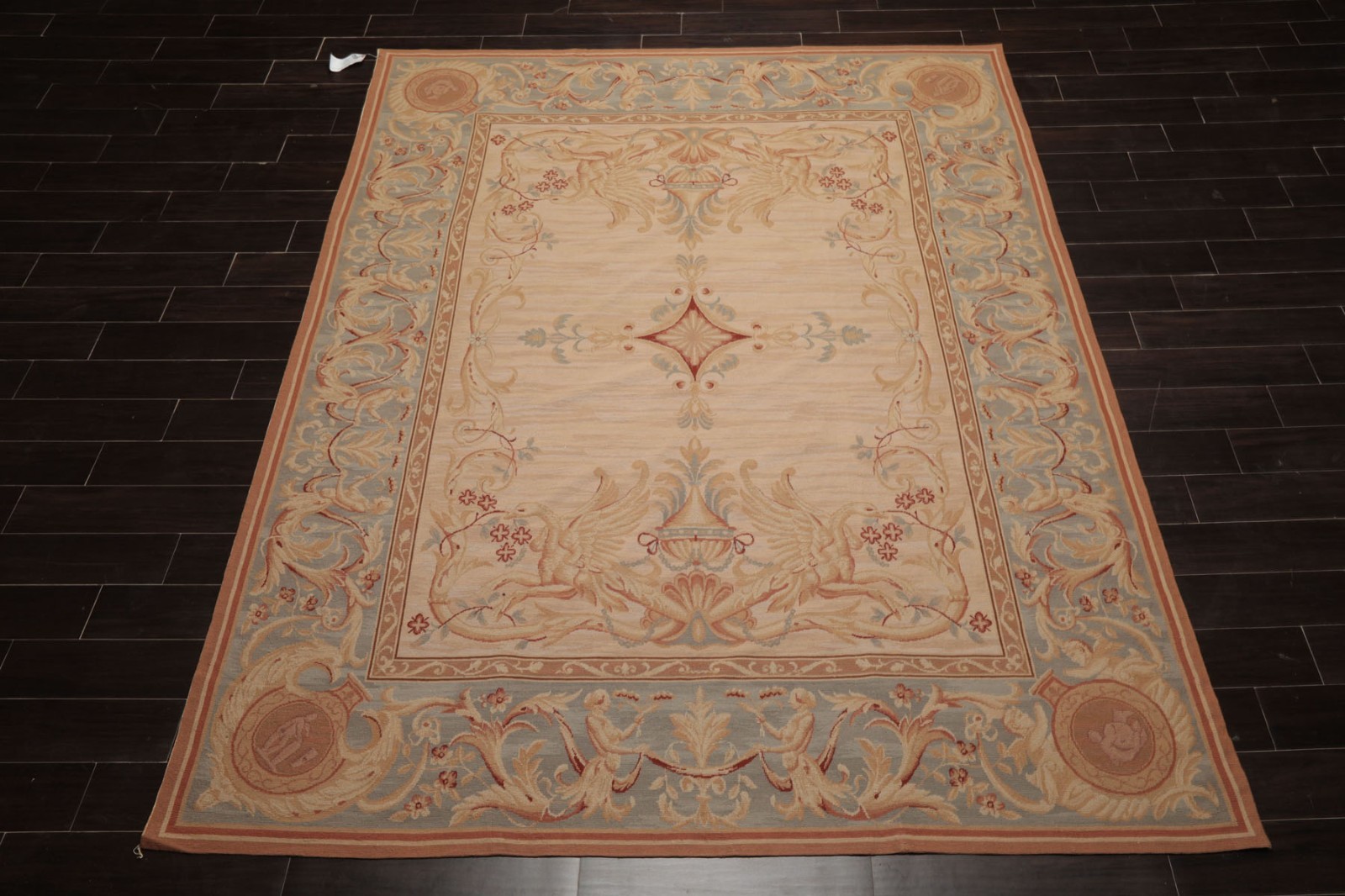 7’6”x9’6″ Beige Hand Woven French Aubusson Needlepoint Classic Design Wool Rug